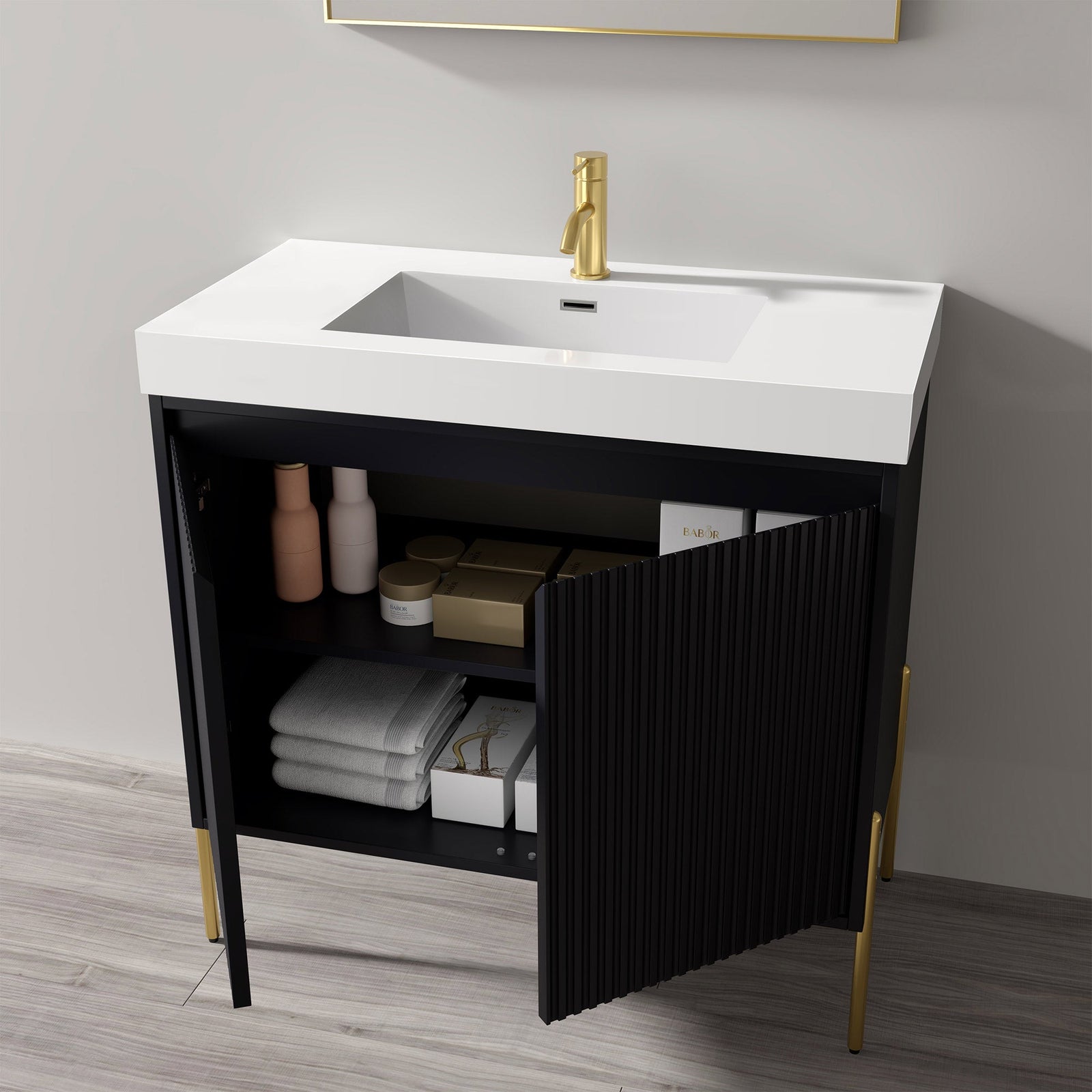 Dowell 36¡°(Fluted Bathroom Vanity Set ¡°(Assembled Cabinet Base with 2 Soft-Close Doors, Shelves & Ceramic/Resin Single Basin, Black/Golden Legs- 002 36 Series