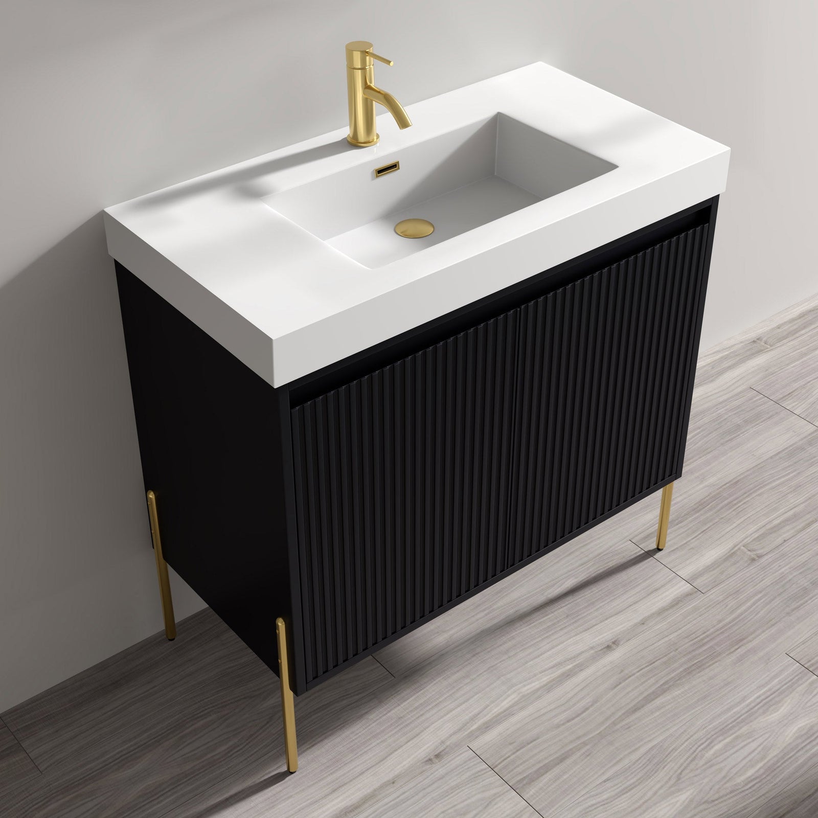 Dowell 36¡°(Fluted Bathroom Vanity Set ¡°(Assembled Cabinet Base with 2 Soft-Close Doors, Shelves & Ceramic/Resin Single Basin, Black/Golden Legs- 002 36 Series