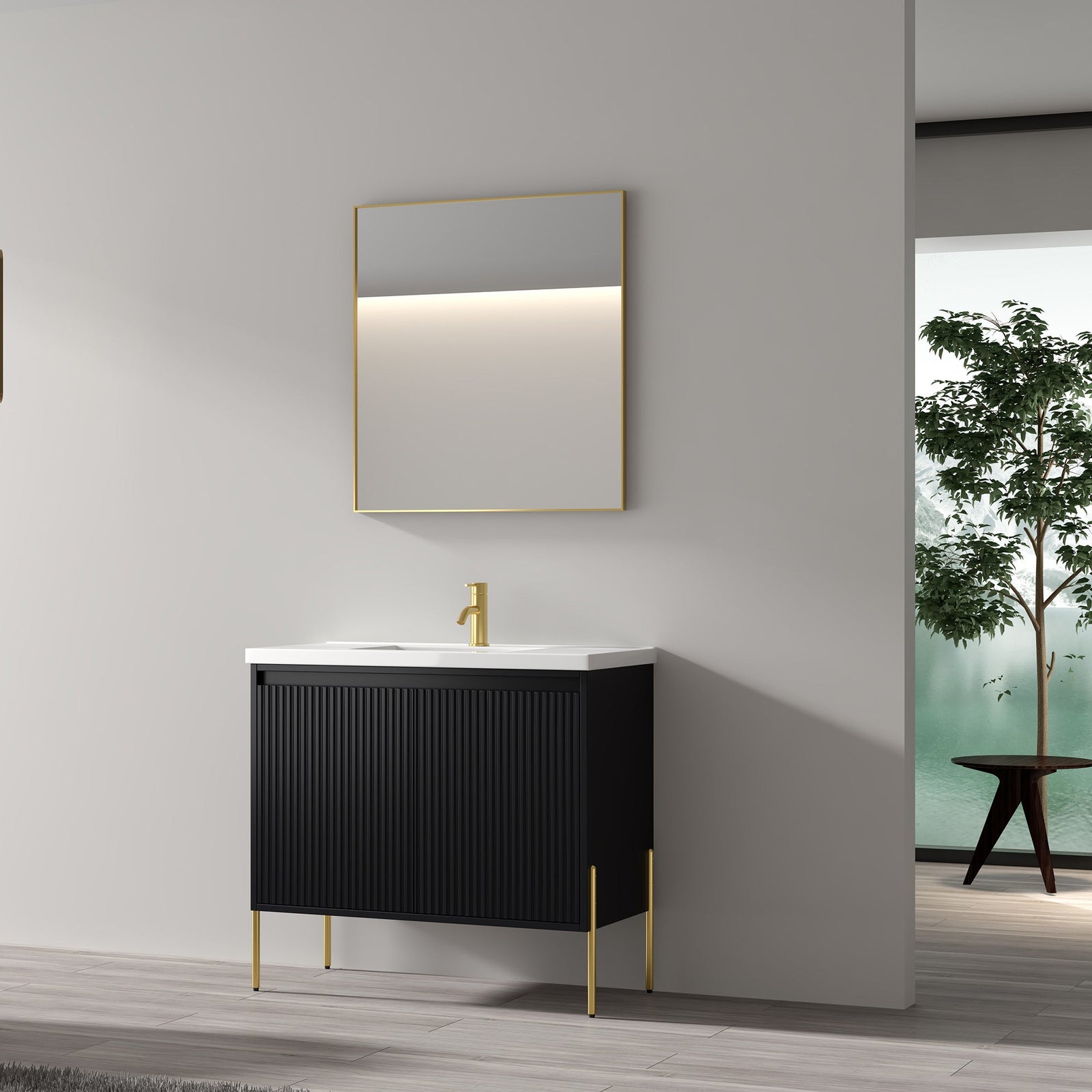 Dowell 36¡°(Fluted Bathroom Vanity Set ¡°(Assembled Cabinet Base with 2 Soft-Close Doors, Shelves & Ceramic/Resin Single Basin, Black/Golden Legs- 002 36 Series