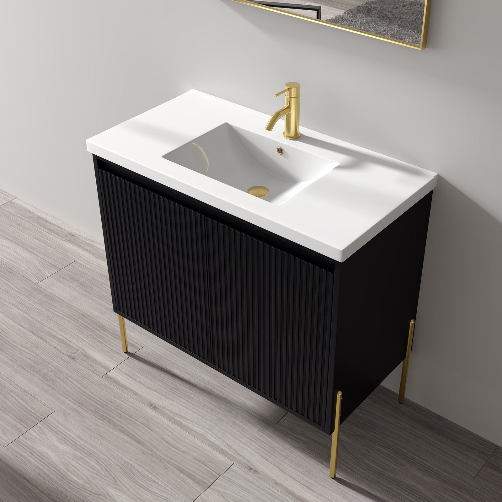 Dowell 36¡°(Fluted Bathroom Vanity Set ¡°(Assembled Cabinet Base with 2 Soft-Close Doors, Shelves & Ceramic/Resin Single Basin, Black/Golden Legs- 002 36 Series