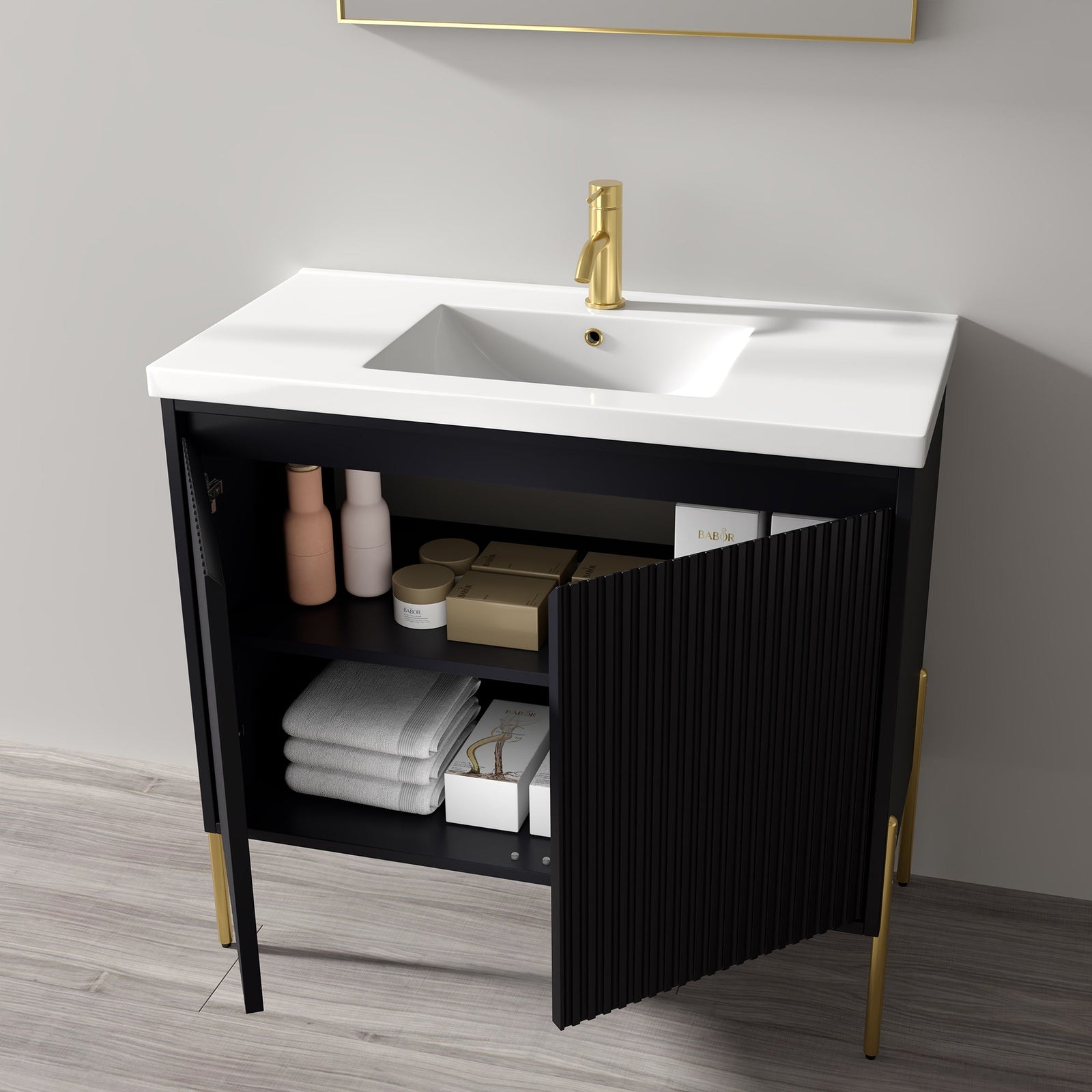 Dowell 36¡°(Fluted Bathroom Vanity Set ¡°(Assembled Cabinet Base with 2 Soft-Close Doors, Shelves & Ceramic/Resin Single Basin, Black/Golden Legs- 002 36 Series