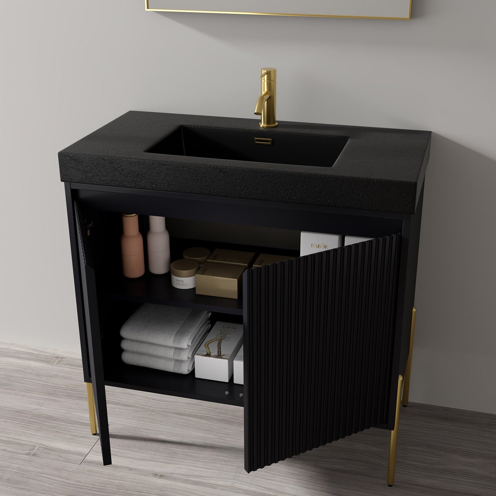 Dowell 36¡°(Fluted Bathroom Vanity Set ¡°(Assembled Cabinet Base with 2 Soft-Close Doors, Shelves & Ceramic/Resin Single Basin, Black/Golden Legs- 002 36 Series