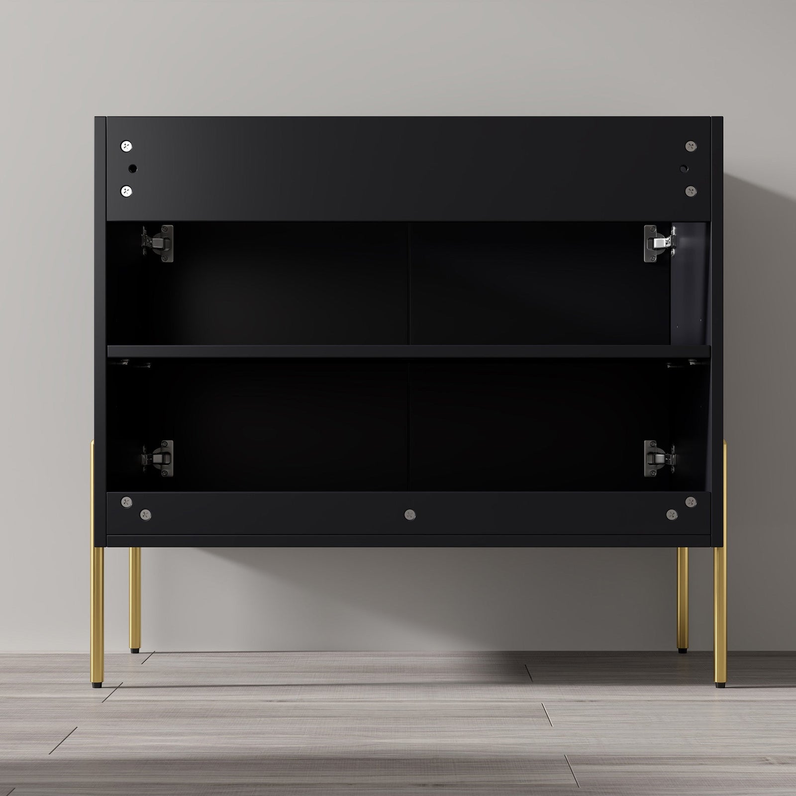Dowell 36¡°(Fluted Bathroom Vanity Set ¡°(Assembled Cabinet Base with 2 Soft-Close Doors, Shelves & Ceramic/Resin Single Basin, Black/Golden Legs- 002 36 Series
