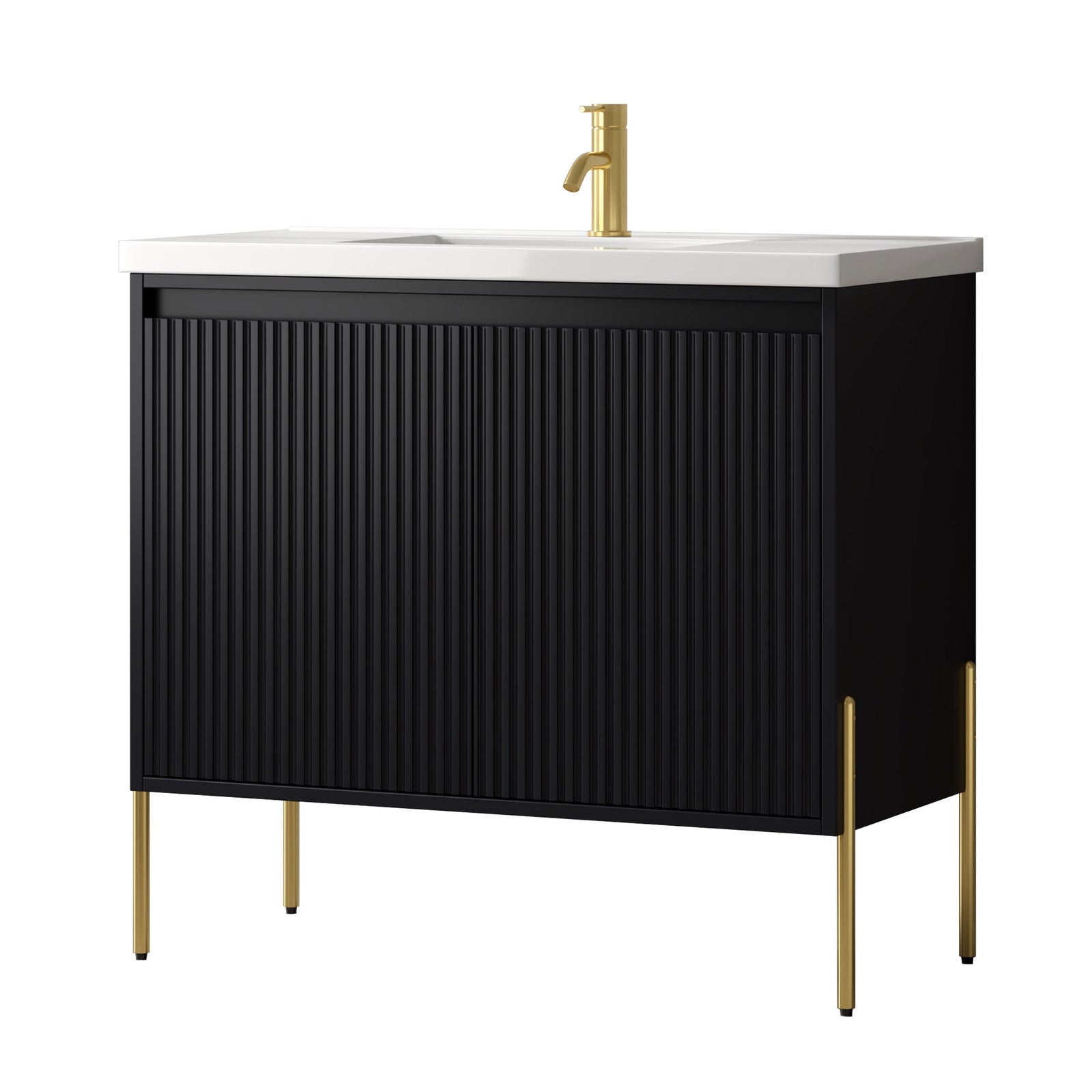 Dowell 36¡°(Fluted Bathroom Vanity Set ¡°(Assembled Cabinet Base with 2 Soft-Close Doors, Shelves & Ceramic/Resin Single Basin, Black/Golden Legs- 002 36 Series