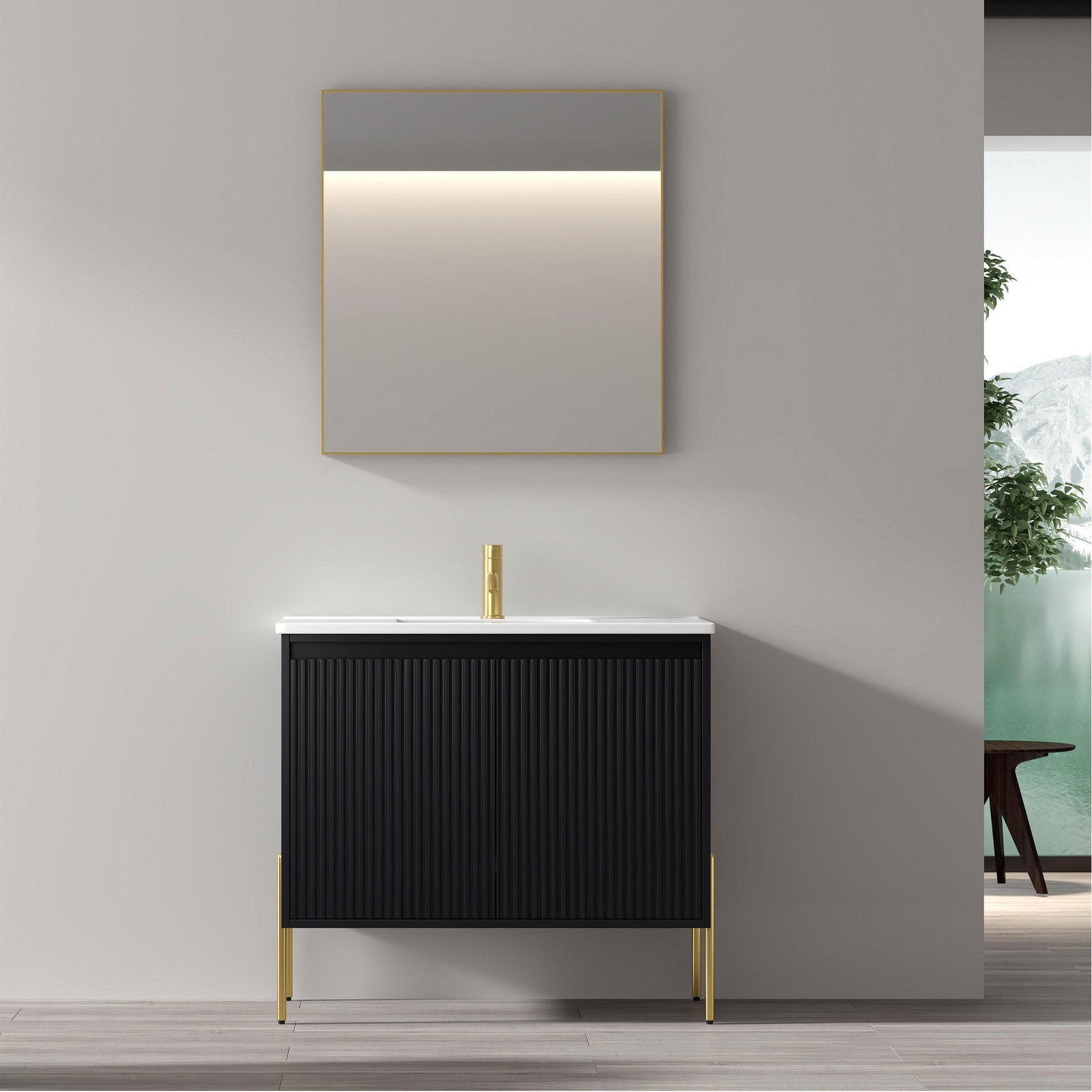 Dowell 36¡°(Fluted Bathroom Vanity Set ¡°(Assembled Cabinet Base with 2 Soft-Close Doors, Shelves & Ceramic/Resin Single Basin, Black/Golden Legs- 002 36 Series