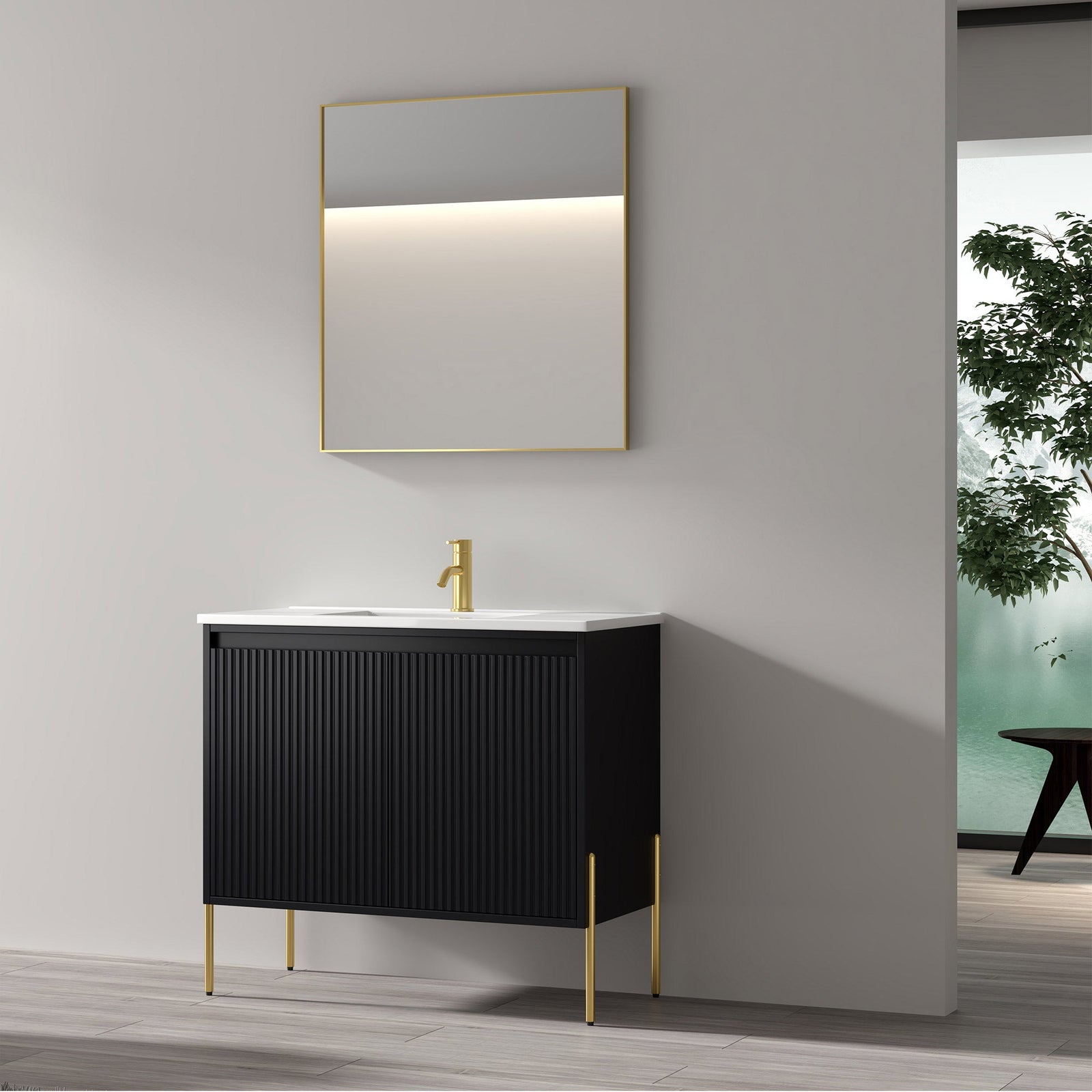 Dowell 36¡°(Fluted Bathroom Vanity Set ¡°(Assembled Cabinet Base with 2 Soft-Close Doors, Shelves & Ceramic/Resin Single Basin, Black/Golden Legs- 002 36 Series