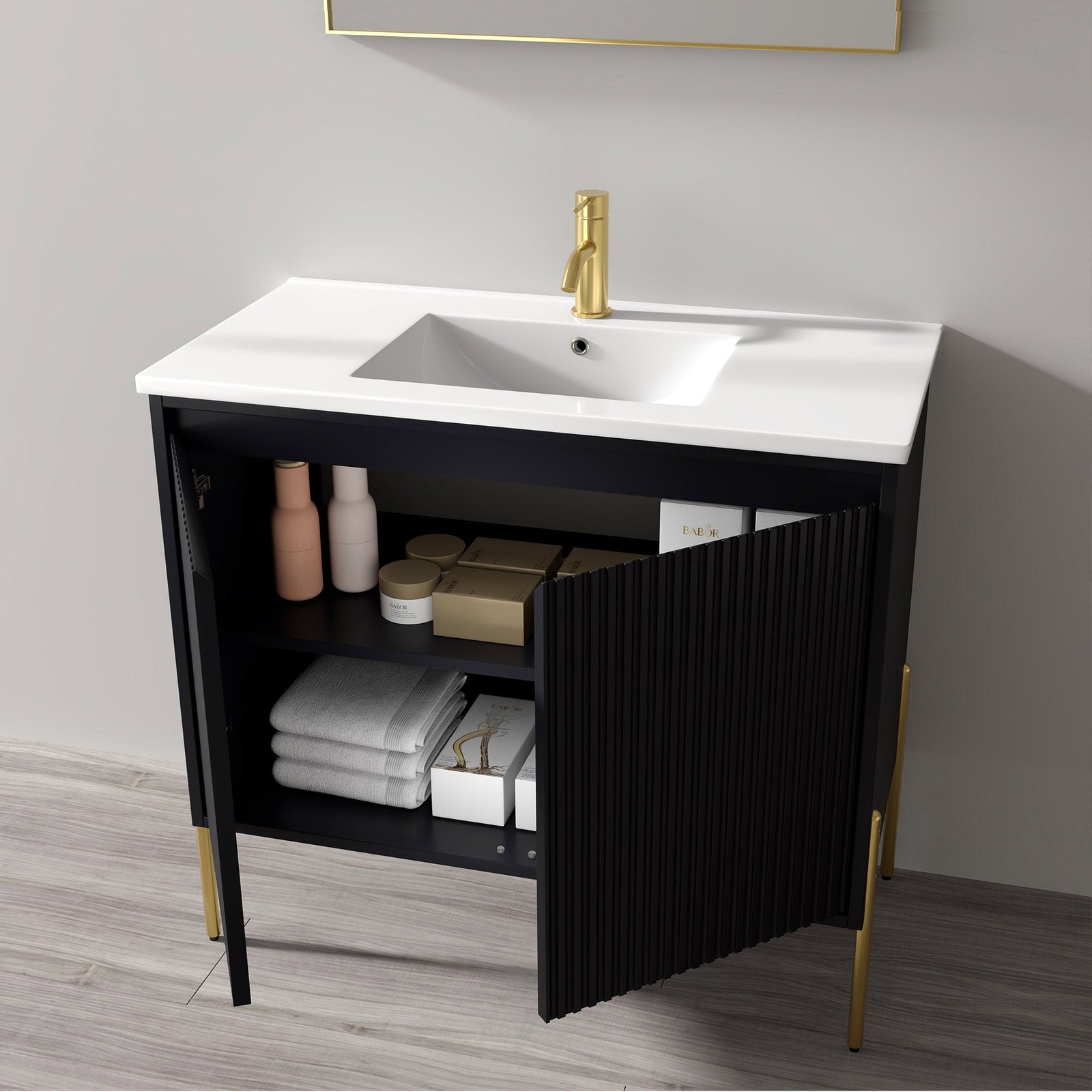 Dowell 36¡°(Fluted Bathroom Vanity Set ¡°(Assembled Cabinet Base with 2 Soft-Close Doors, Shelves & Ceramic/Resin Single Basin, Black/Golden Legs- 002 36 Series
