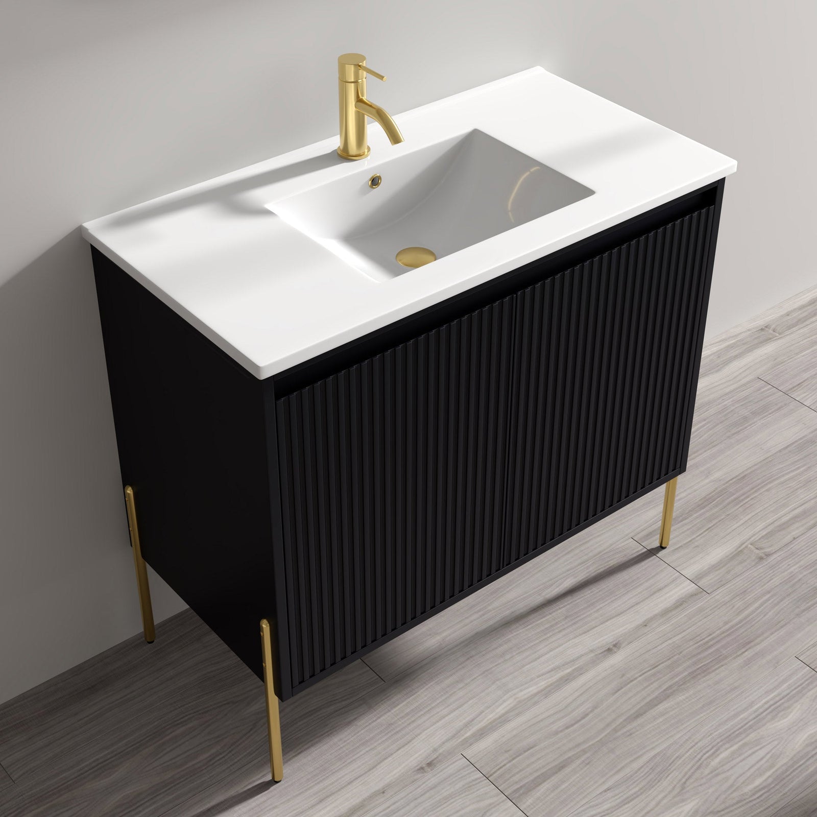 Dowell 36¡°(Fluted Bathroom Vanity Set ¡°(Assembled Cabinet Base with 2 Soft-Close Doors, Shelves & Ceramic/Resin Single Basin, Black/Golden Legs- 002 36 Series