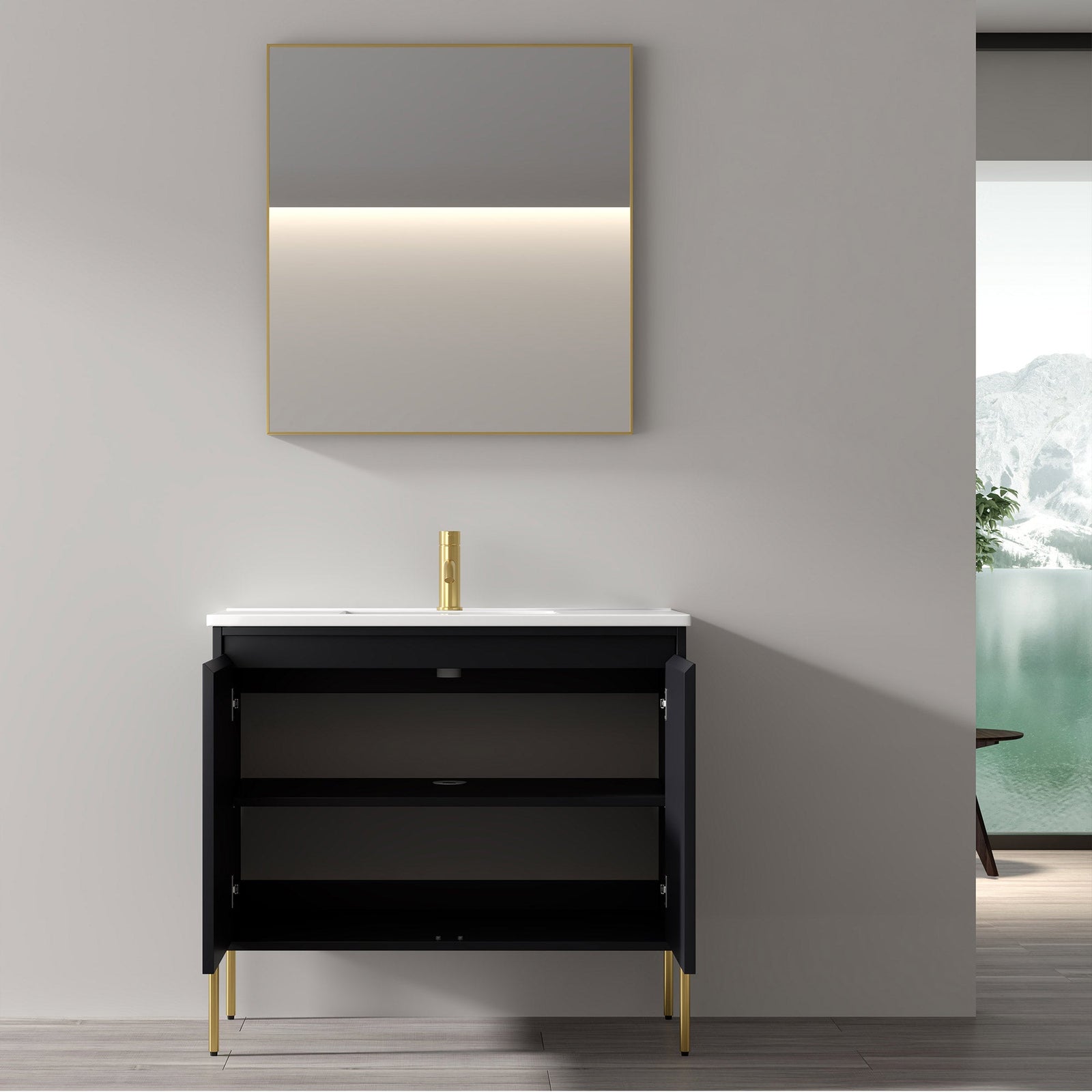 Dowell 36¡°(Fluted Bathroom Vanity Set ¡°(Assembled Cabinet Base with 2 Soft-Close Doors, Shelves & Ceramic/Resin Single Basin, Black/Golden Legs- 002 36 Series