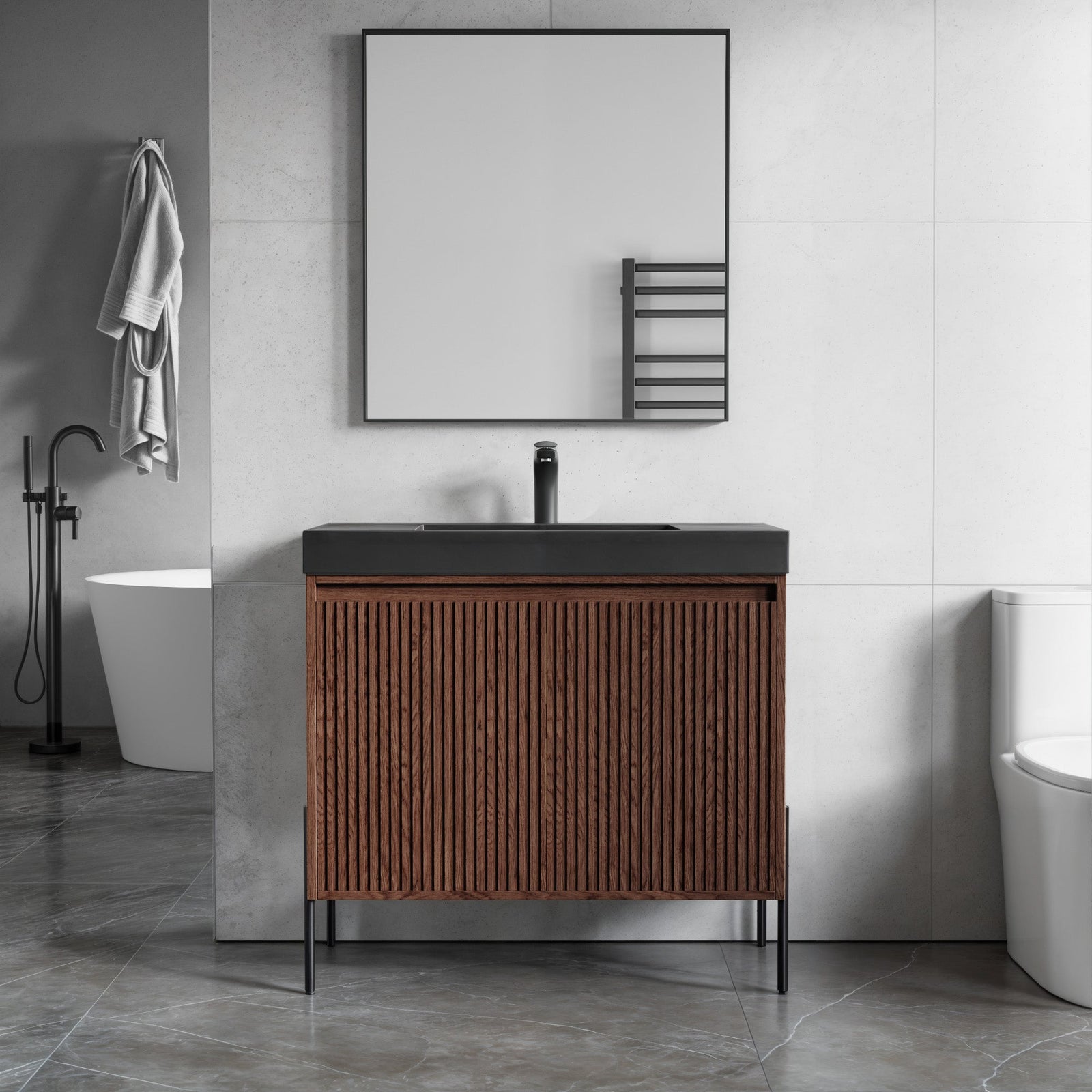 Dowell 36¡°(Fluted Bathroom Vanity Set ¡°(Assembled Cabinet Base with 2 Soft-Close Doors, Shelves & Ceramic/Resin Single Basin, Black/Golden Legs- 002 36 Series