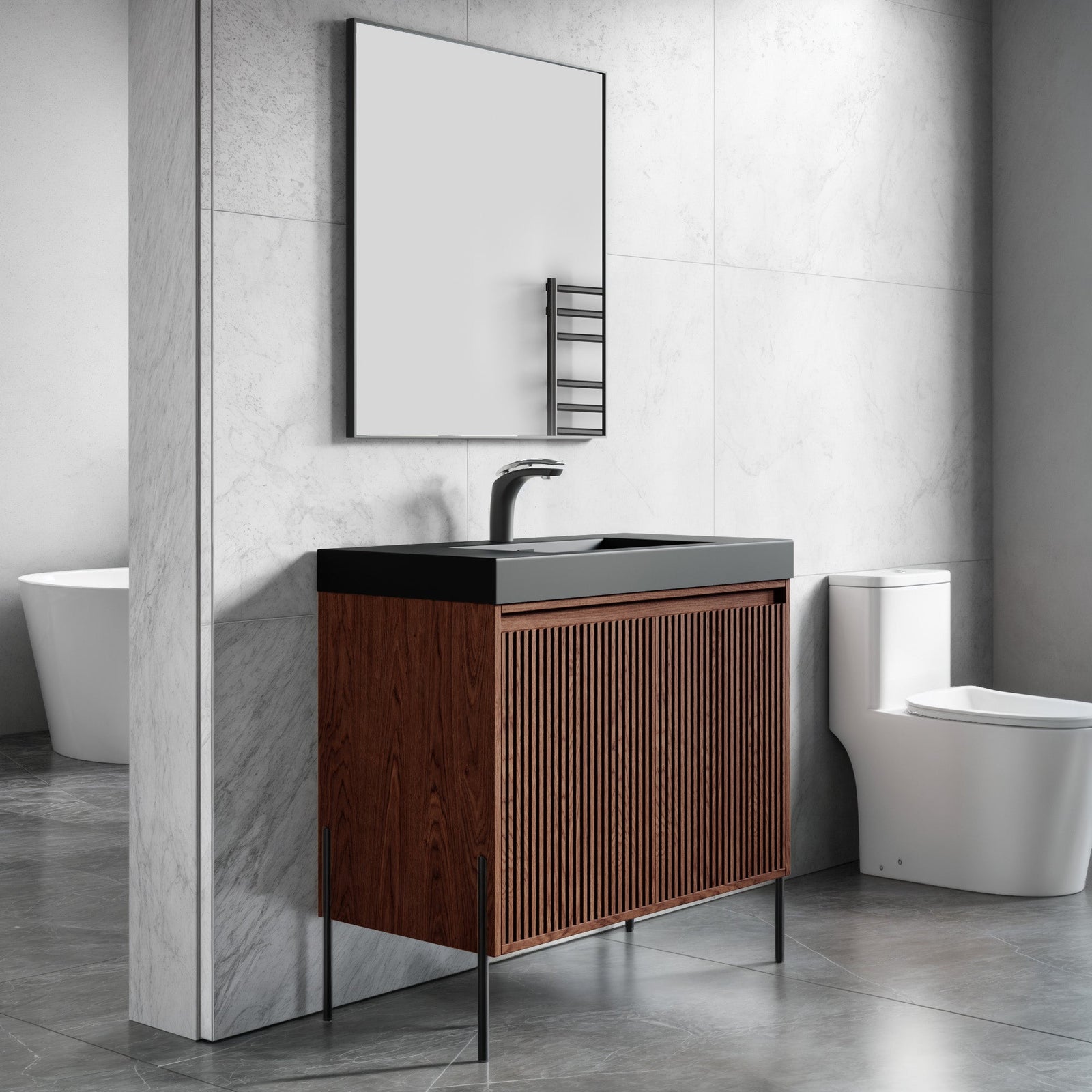 Dowell 36¡°(Fluted Bathroom Vanity Set ¡°(Assembled Cabinet Base with 2 Soft-Close Doors, Shelves & Ceramic/Resin Single Basin, Black/Golden Legs- 002 36 Series