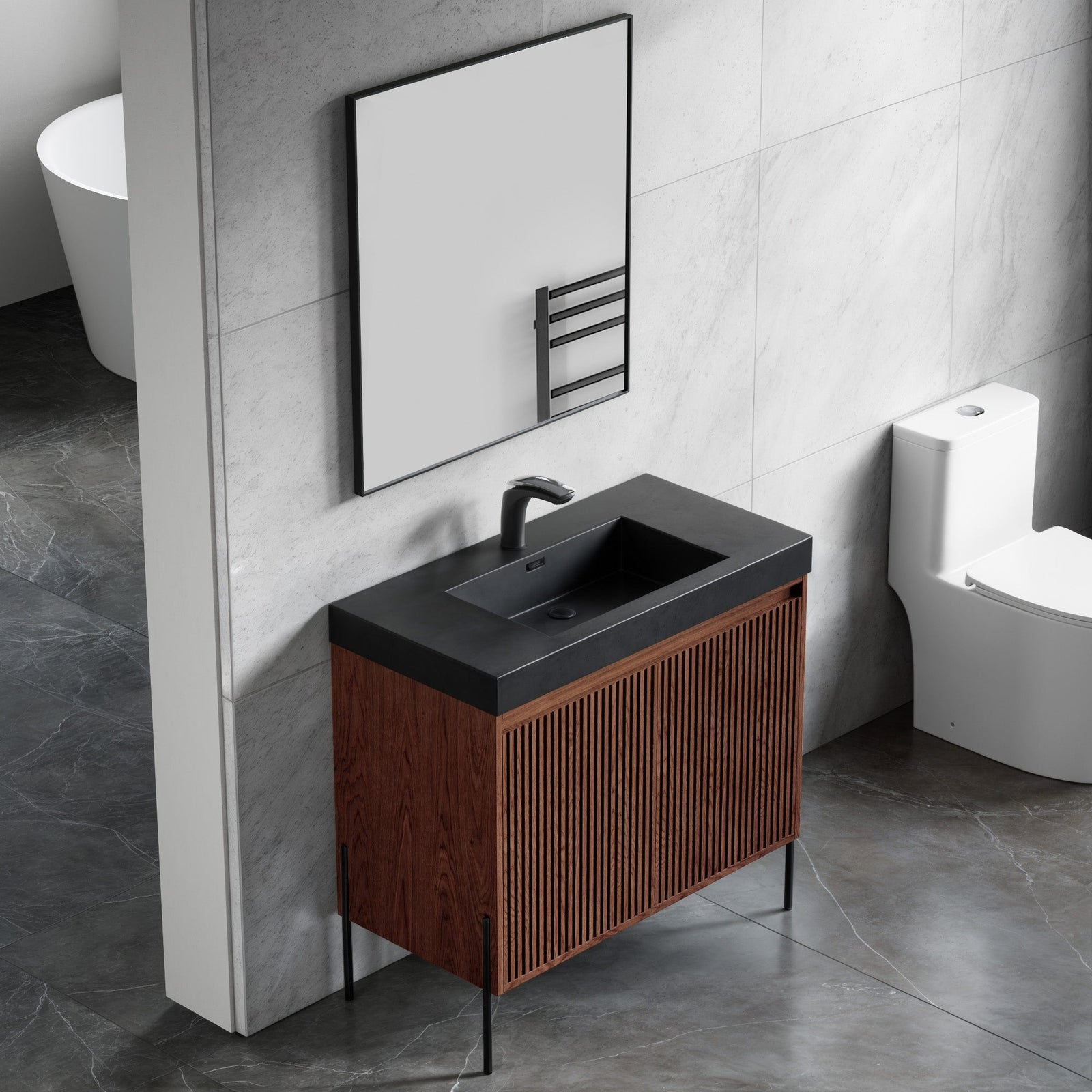 Dowell 36¡°(Fluted Bathroom Vanity Set ¡°(Assembled Cabinet Base with 2 Soft-Close Doors, Shelves & Ceramic/Resin Single Basin, Black/Golden Legs- 002 36 Series