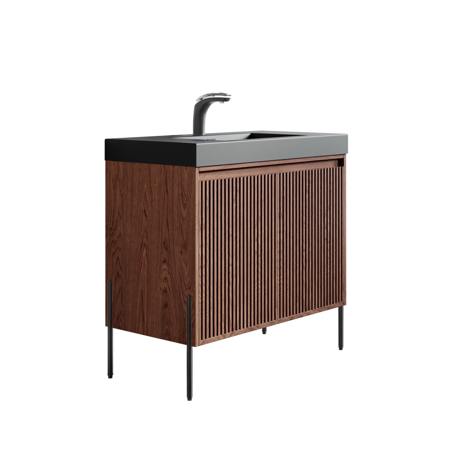Dowell 36¡°(Fluted Bathroom Vanity Set ¡°(Assembled Cabinet Base with 2 Soft-Close Doors, Shelves & Ceramic/Resin Single Basin, Black/Golden Legs- 002 36 Series