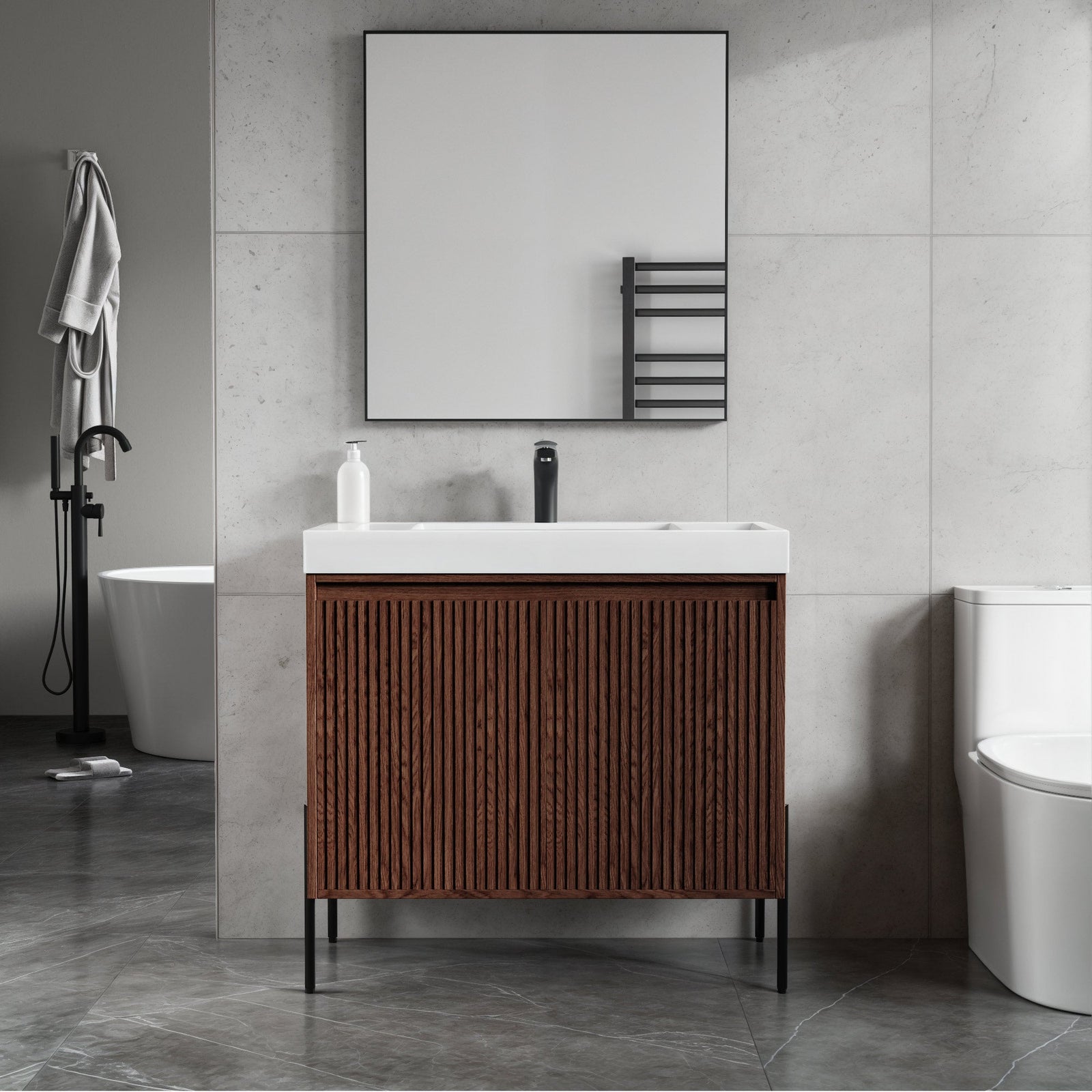 Dowell 36¡°(Fluted Bathroom Vanity Set ¡°(Assembled Cabinet Base with 2 Soft-Close Doors, Shelves & Ceramic/Resin Single Basin, Black/Golden Legs- 002 36 Series