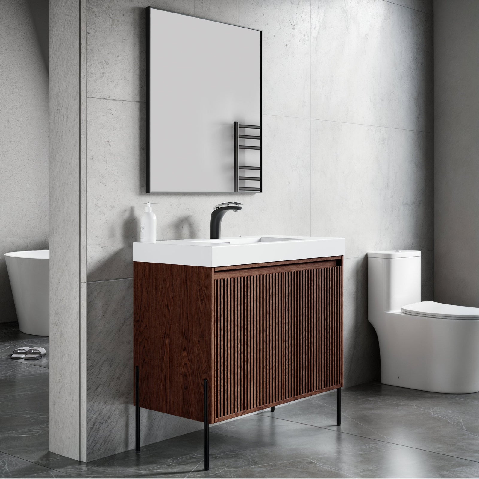 Dowell 36¡°(Fluted Bathroom Vanity Set ¡°(Assembled Cabinet Base with 2 Soft-Close Doors, Shelves & Ceramic/Resin Single Basin, Black/Golden Legs- 002 36 Series