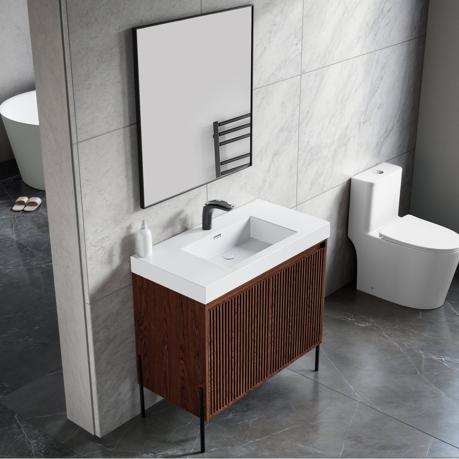 Dowell 36¡°(Fluted Bathroom Vanity Set ¡°(Assembled Cabinet Base with 2 Soft-Close Doors, Shelves & Ceramic/Resin Single Basin, Black/Golden Legs- 002 36 Series