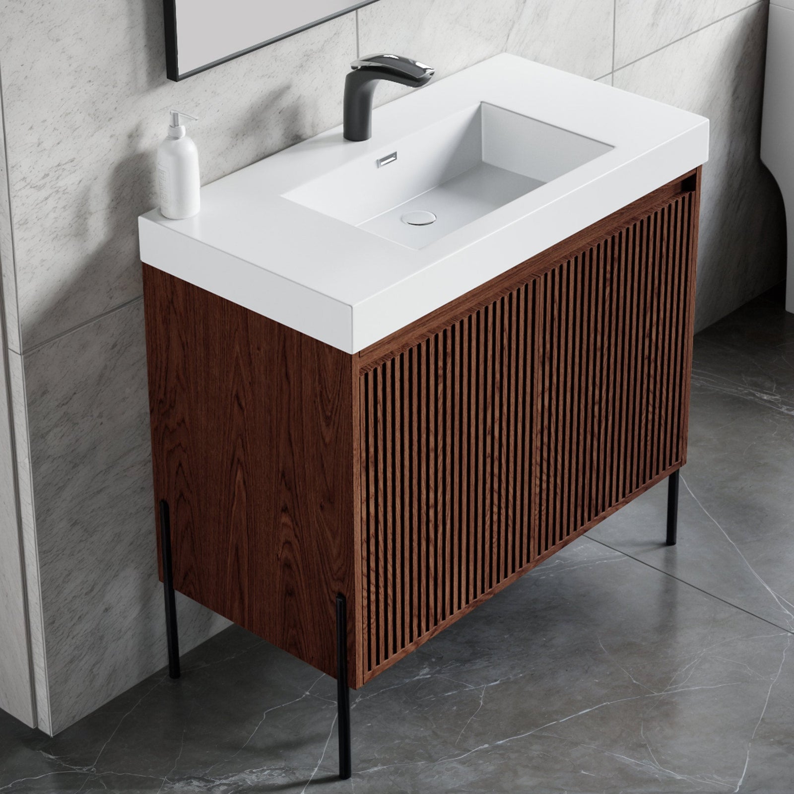 Dowell 36¡°(Fluted Bathroom Vanity Set ¡°(Assembled Cabinet Base with 2 Soft-Close Doors, Shelves & Ceramic/Resin Single Basin, Black/Golden Legs- 002 36 Series