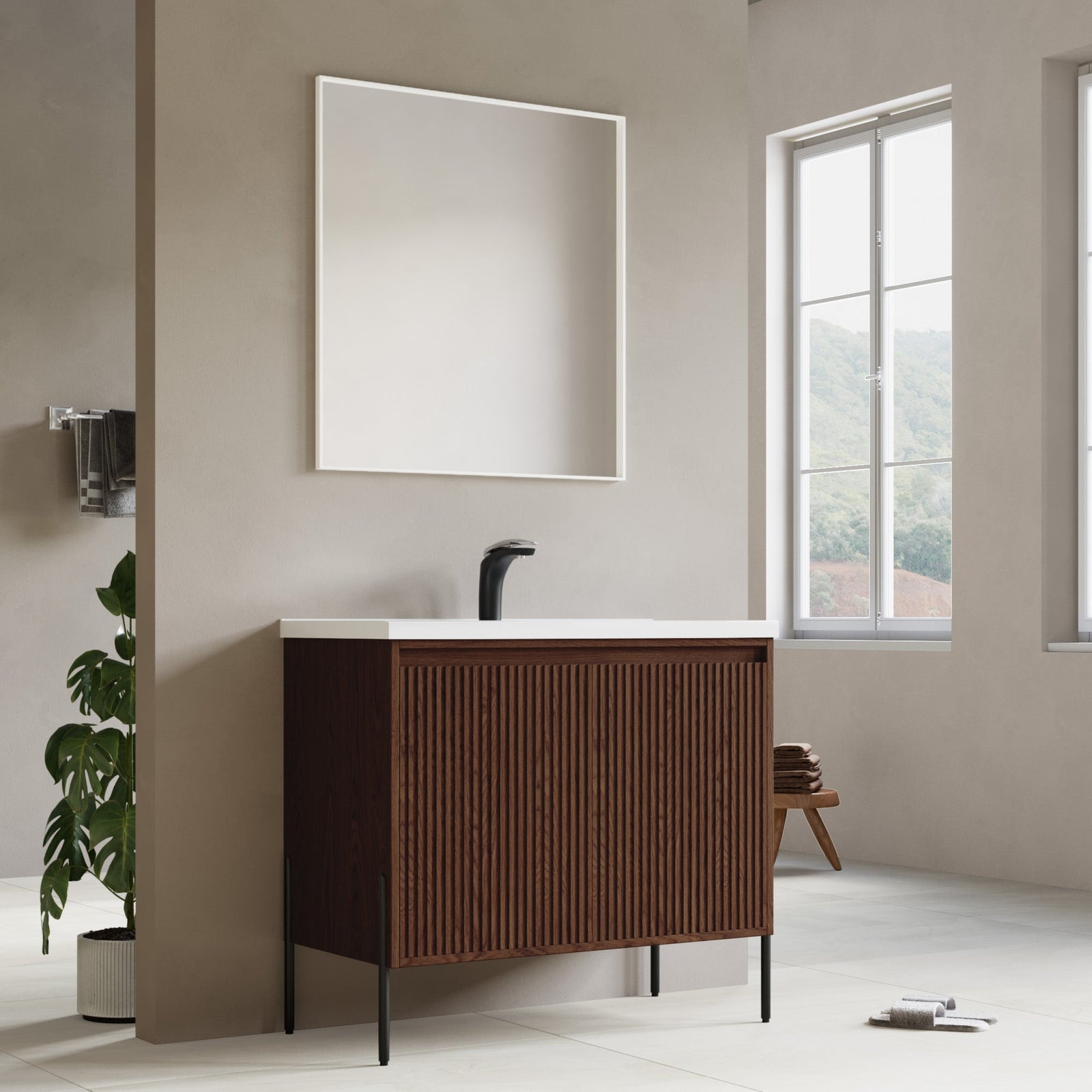 Dowell 36¡°(Fluted Bathroom Vanity Set ¡°(Assembled Cabinet Base with 2 Soft-Close Doors, Shelves & Ceramic/Resin Single Basin, Black/Golden Legs- 002 36 Series