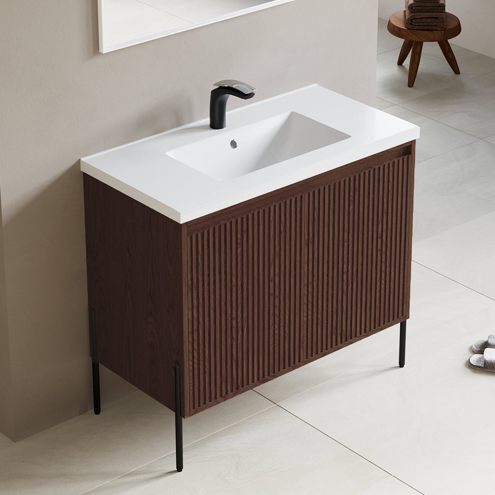 Dowell 36¡°(Fluted Bathroom Vanity Set ¡°(Assembled Cabinet Base with 2 Soft-Close Doors, Shelves & Ceramic/Resin Single Basin, Black/Golden Legs- 002 36 Series