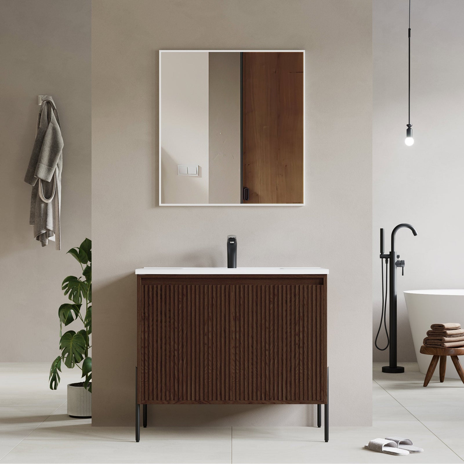 Dowell 36¡°(Fluted Bathroom Vanity Set ¡°(Assembled Cabinet Base with 2 Soft-Close Doors, Shelves & Ceramic/Resin Single Basin, Black/Golden Legs- 002 36 Series