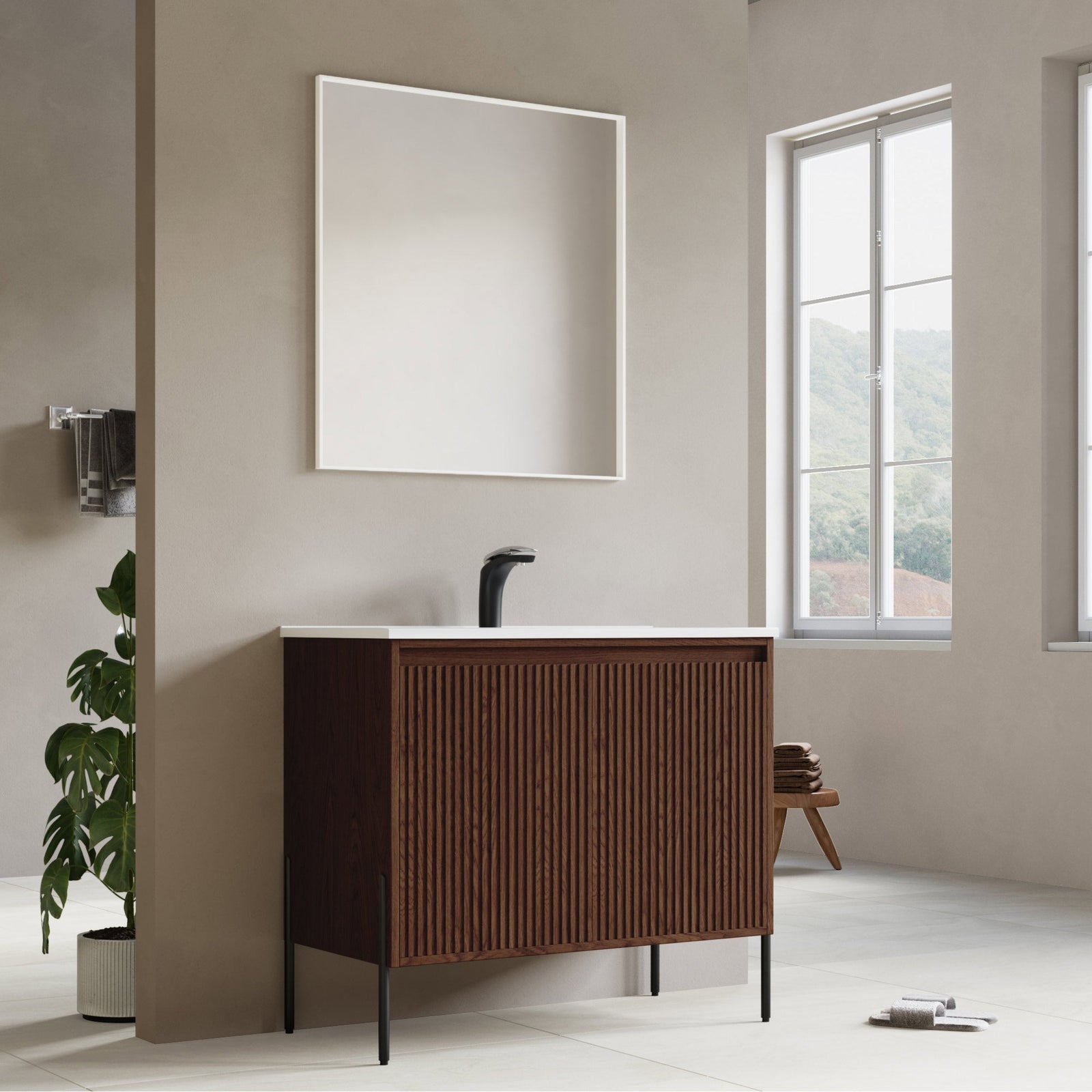 Dowell 36¡°(Fluted Bathroom Vanity Set ¡°(Assembled Cabinet Base with 2 Soft-Close Doors, Shelves & Ceramic/Resin Single Basin, Black/Golden Legs- 002 36 Series