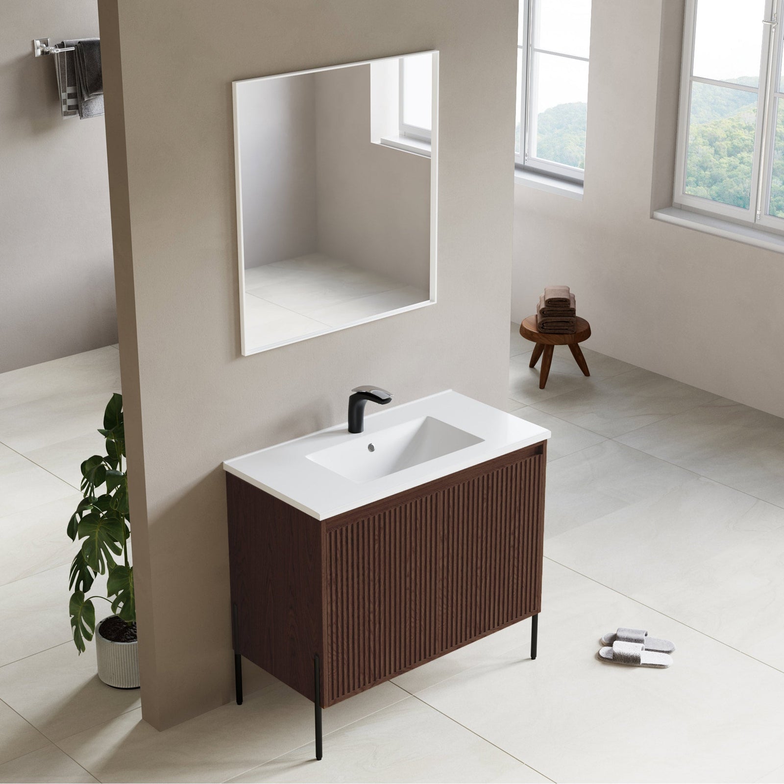 Dowell 36¡°(Fluted Bathroom Vanity Set ¡°(Assembled Cabinet Base with 2 Soft-Close Doors, Shelves & Ceramic/Resin Single Basin, Black/Golden Legs- 002 36 Series