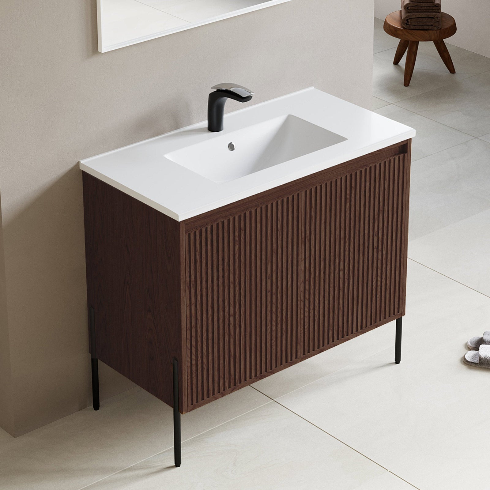 Dowell 36¡°(Fluted Bathroom Vanity Set ¡°(Assembled Cabinet Base with 2 Soft-Close Doors, Shelves & Ceramic/Resin Single Basin, Black/Golden Legs- 002 36 Series