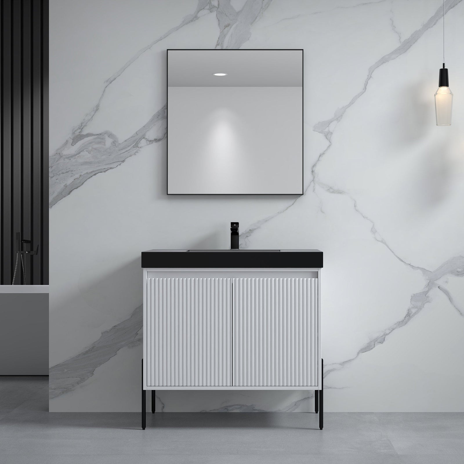 Dowell 36¡°(Fluted Bathroom Vanity Set ¡°(Assembled Cabinet Base with 2 Soft-Close Doors, Shelves & Ceramic/Resin Single Basin, Black/Golden Legs- 002 36 Series