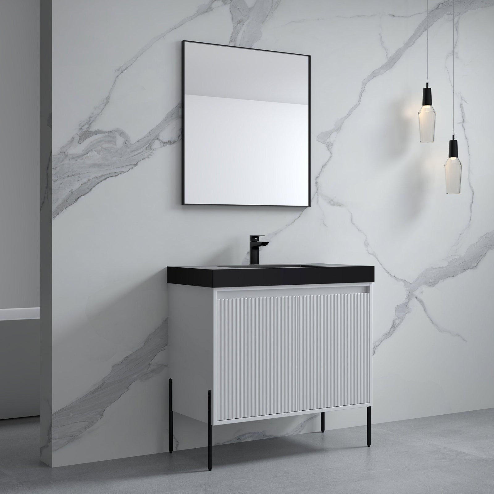 Dowell 36¡°(Fluted Bathroom Vanity Set ¡°(Assembled Cabinet Base with 2 Soft-Close Doors, Shelves & Ceramic/Resin Single Basin, Black/Golden Legs- 002 36 Series