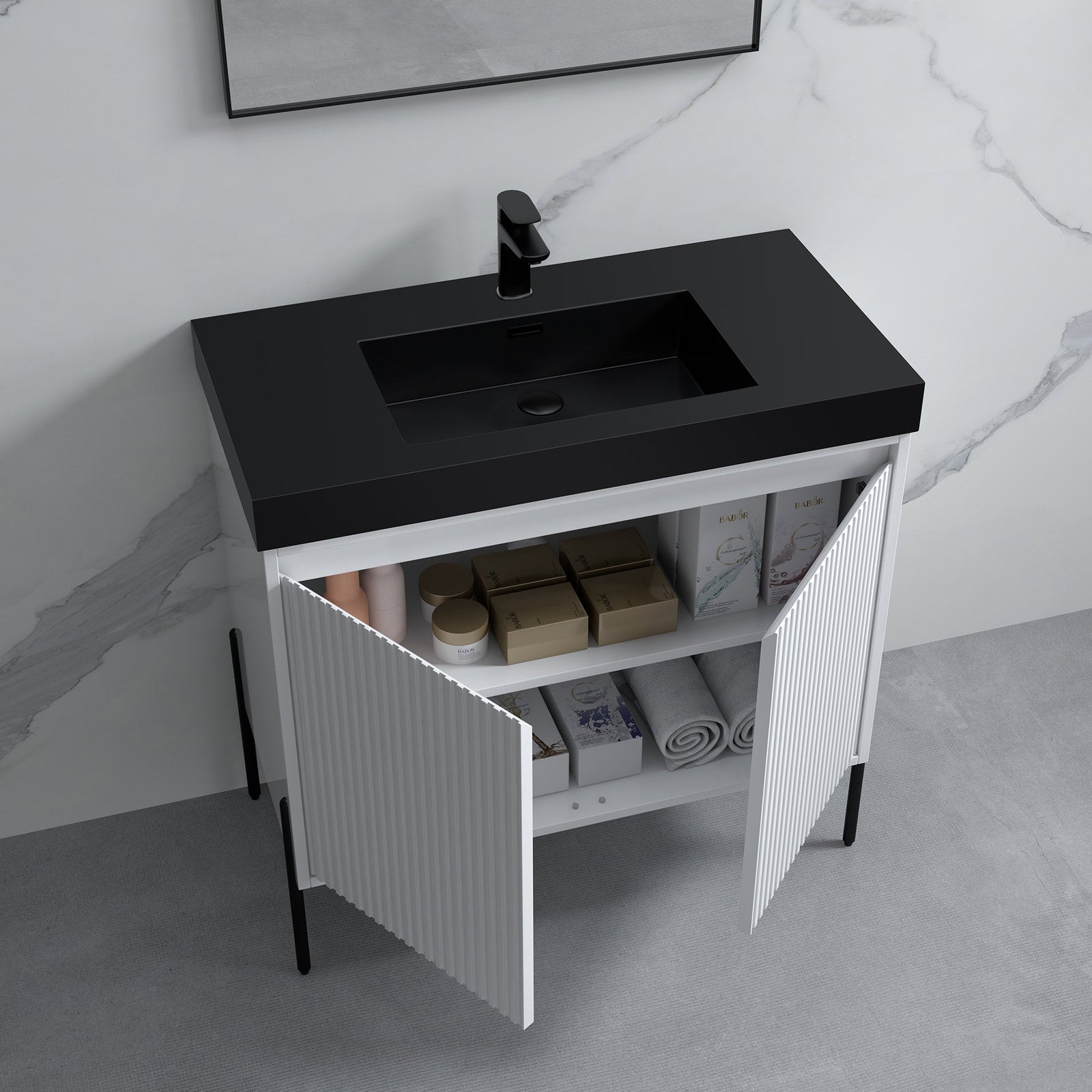 Dowell 36¡°(Fluted Bathroom Vanity Set ¡°(Assembled Cabinet Base with 2 Soft-Close Doors, Shelves & Ceramic/Resin Single Basin, Black/Golden Legs- 002 36 Series