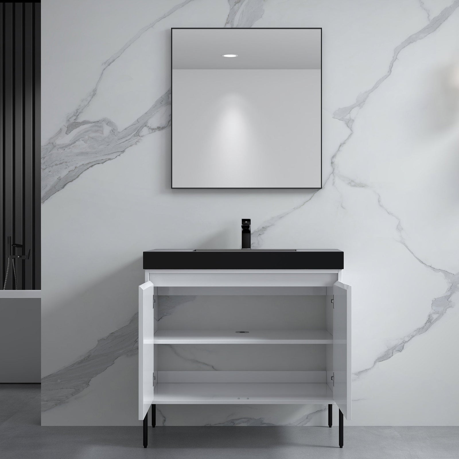 Dowell 36¡°(Fluted Bathroom Vanity Set ¡°(Assembled Cabinet Base with 2 Soft-Close Doors, Shelves & Ceramic/Resin Single Basin, Black/Golden Legs- 002 36 Series