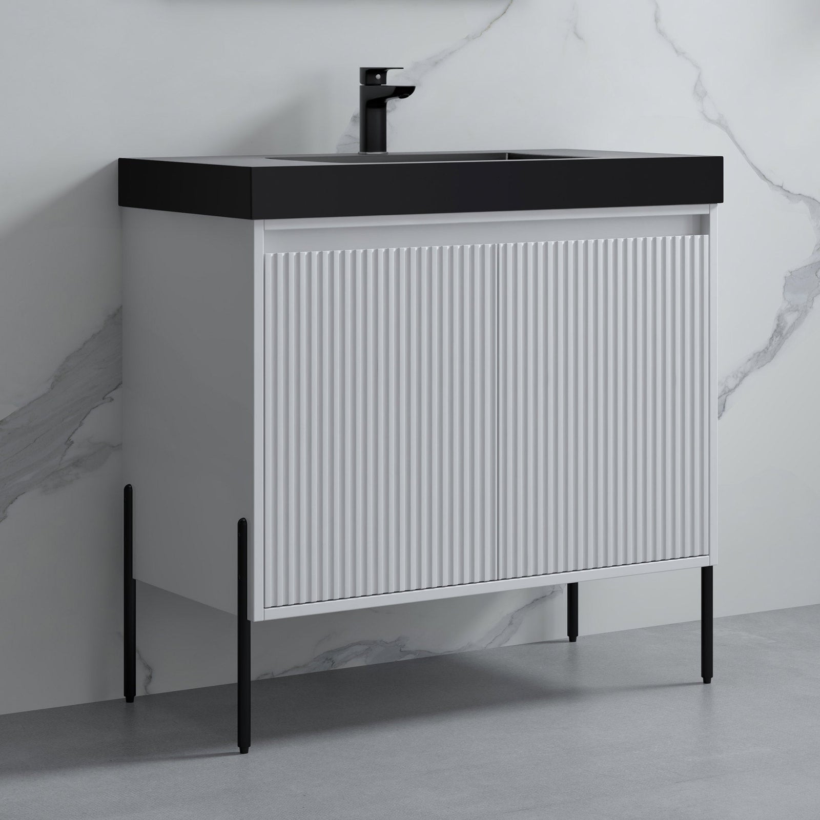 Dowell 36¡°(Fluted Bathroom Vanity Set ¡°(Assembled Cabinet Base with 2 Soft-Close Doors, Shelves & Ceramic/Resin Single Basin, Black/Golden Legs- 002 36 Series