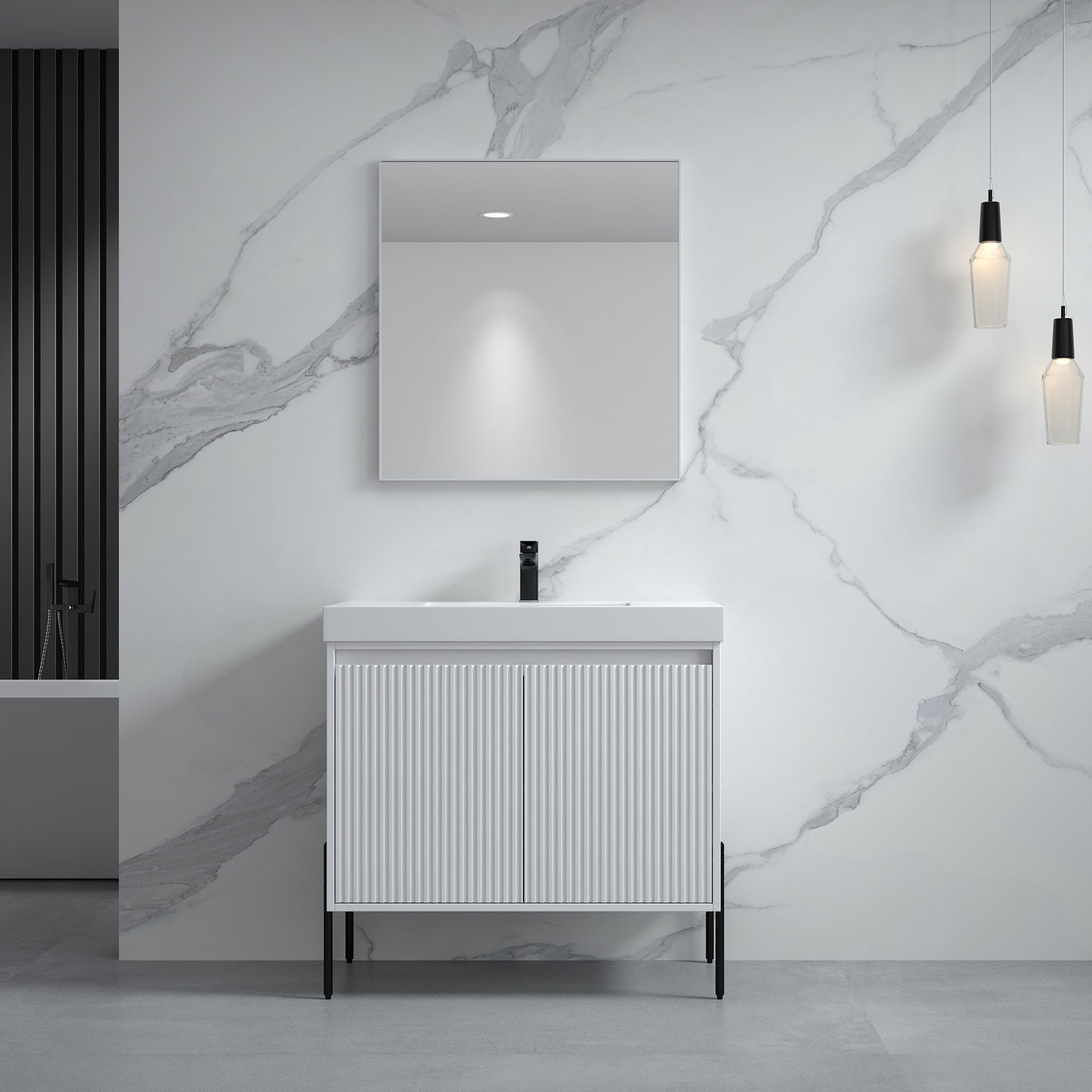 Dowell 36¡°(Fluted Bathroom Vanity Set ¡°(Assembled Cabinet Base with 2 Soft-Close Doors, Shelves & Ceramic/Resin Single Basin, Black/Golden Legs- 002 36 Series