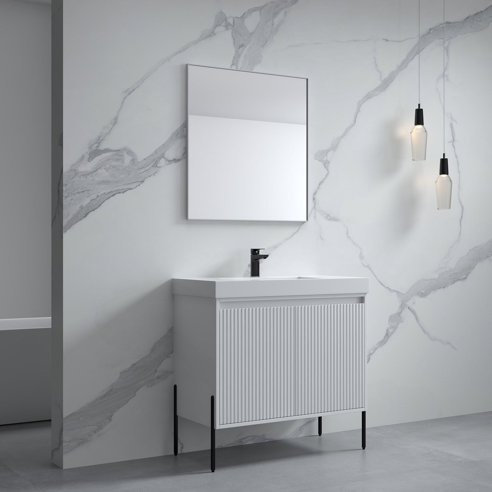 Dowell 36¡°(Fluted Bathroom Vanity Set ¡°(Assembled Cabinet Base with 2 Soft-Close Doors, Shelves & Ceramic/Resin Single Basin, Black/Golden Legs- 002 36 Series