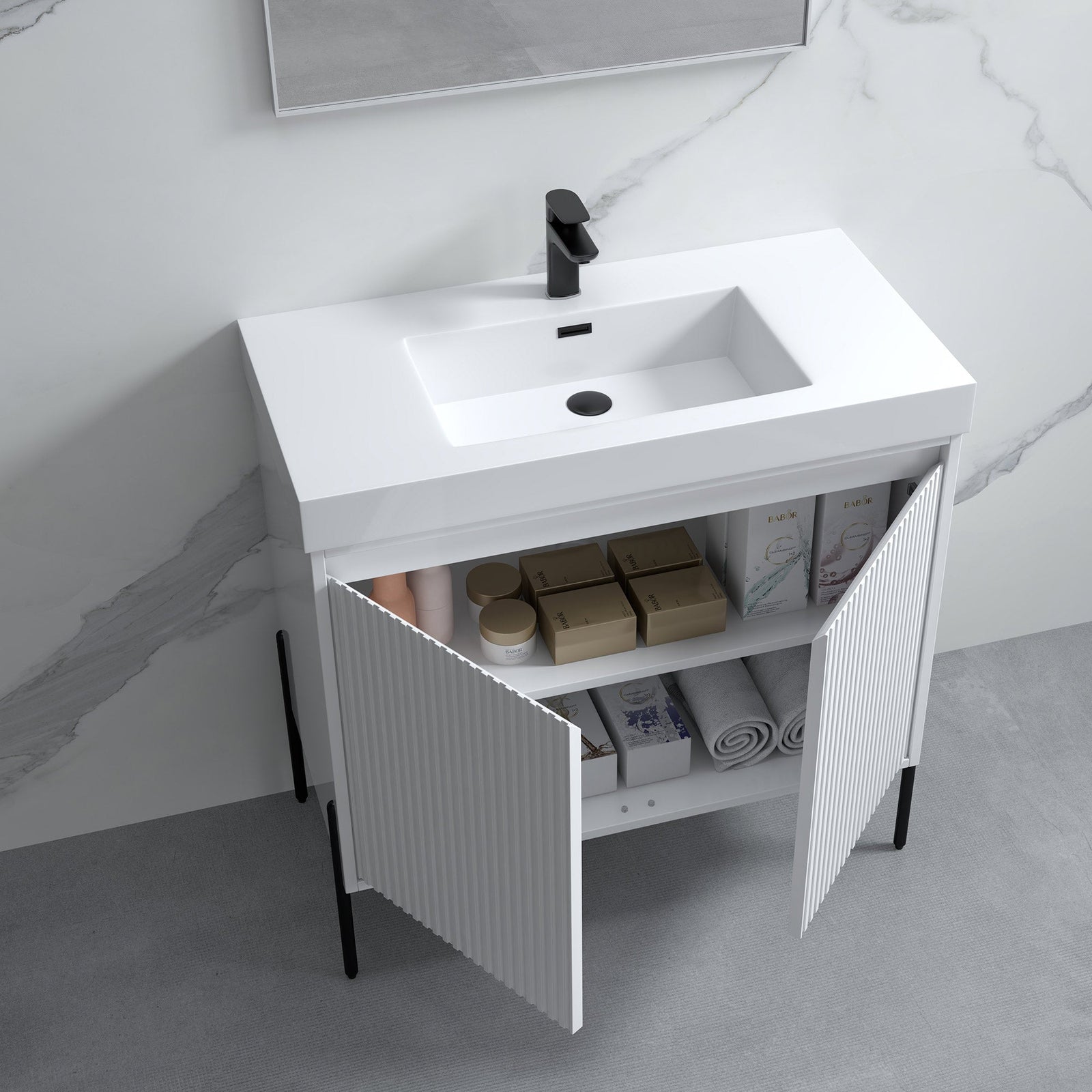 Dowell 36¡°(Fluted Bathroom Vanity Set ¡°(Assembled Cabinet Base with 2 Soft-Close Doors, Shelves & Ceramic/Resin Single Basin, Black/Golden Legs- 002 36 Series