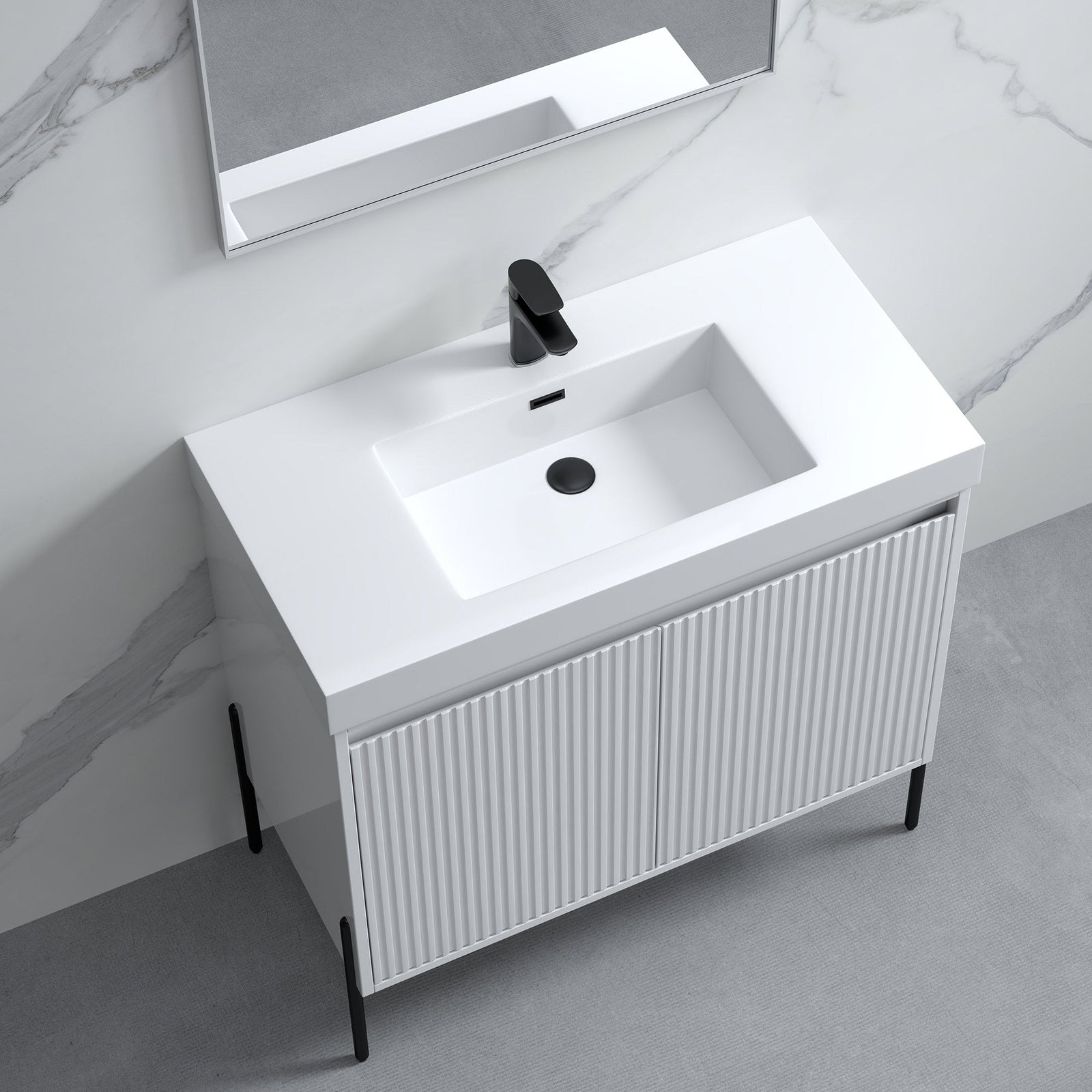 Dowell 36¡°(Fluted Bathroom Vanity Set ¡°(Assembled Cabinet Base with 2 Soft-Close Doors, Shelves & Ceramic/Resin Single Basin, Black/Golden Legs- 002 36 Series