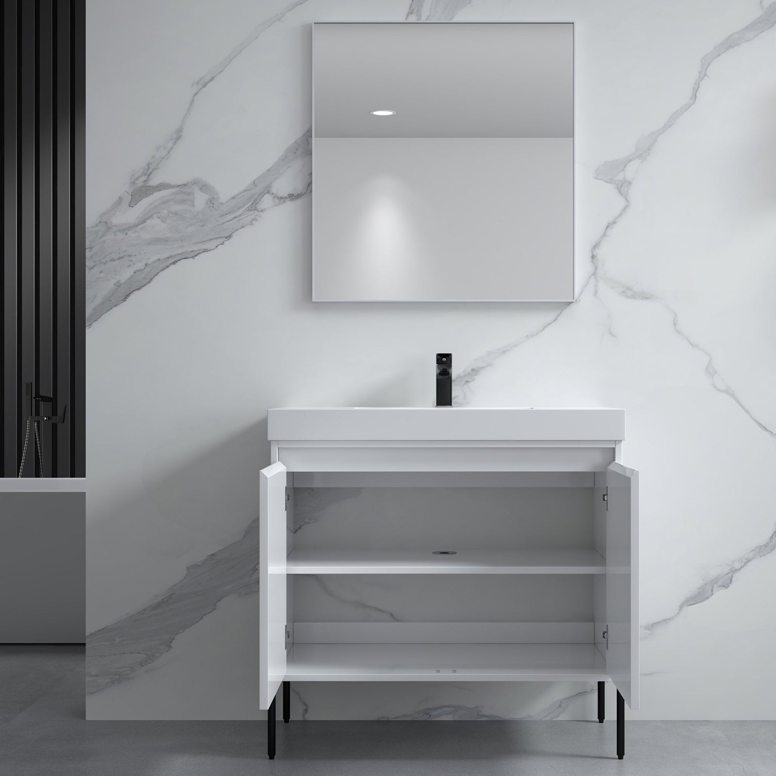 Dowell 36¡°(Fluted Bathroom Vanity Set ¡°(Assembled Cabinet Base with 2 Soft-Close Doors, Shelves & Ceramic/Resin Single Basin, Black/Golden Legs- 002 36 Series