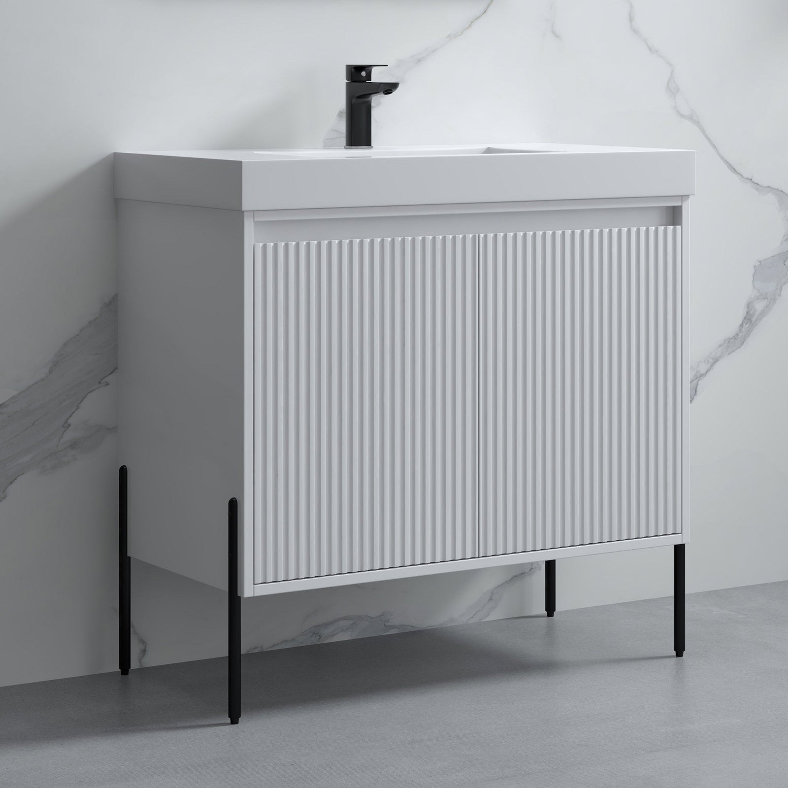 Dowell 36¡°(Fluted Bathroom Vanity Set ¡°(Assembled Cabinet Base with 2 Soft-Close Doors, Shelves & Ceramic/Resin Single Basin, Black/Golden Legs- 002 36 Series