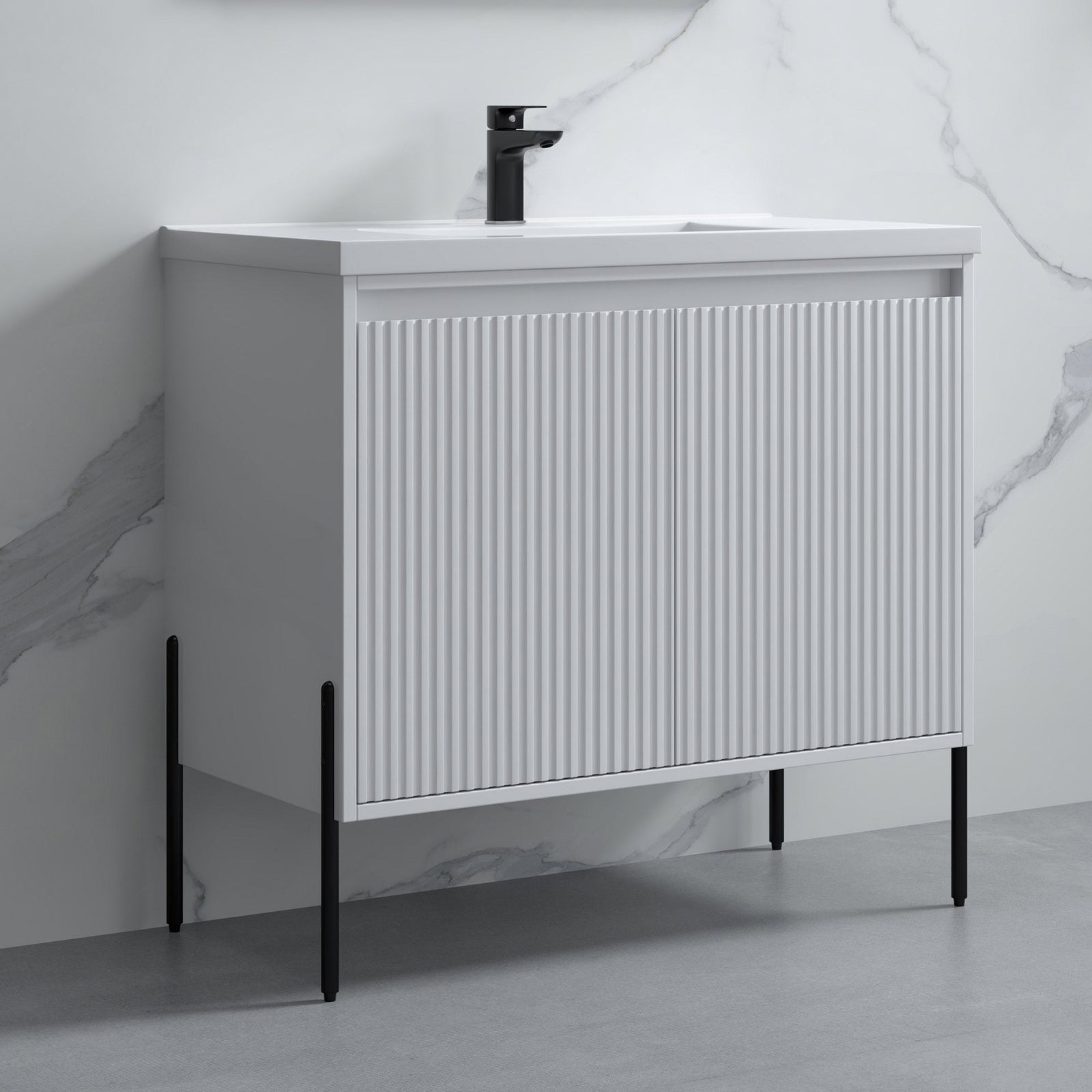 Dowell 36¡°(Fluted Bathroom Vanity Set ¡°(Assembled Cabinet Base with 2 Soft-Close Doors, Shelves & Ceramic/Resin Single Basin, Black/Golden Legs- 002 36 Series