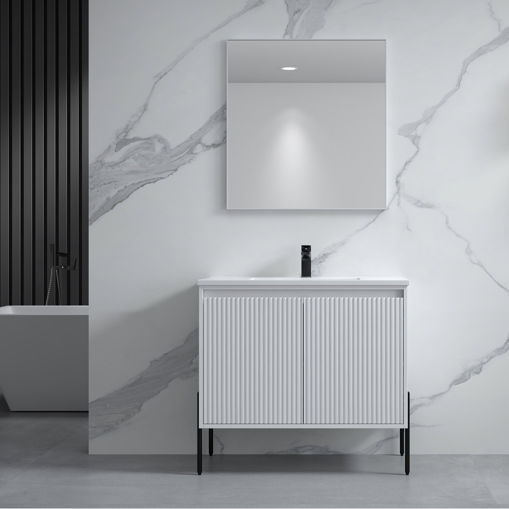 Dowell 36¡°(Fluted Bathroom Vanity Set ¡°(Assembled Cabinet Base with 2 Soft-Close Doors, Shelves & Ceramic/Resin Single Basin, Black/Golden Legs- 002 36 Series