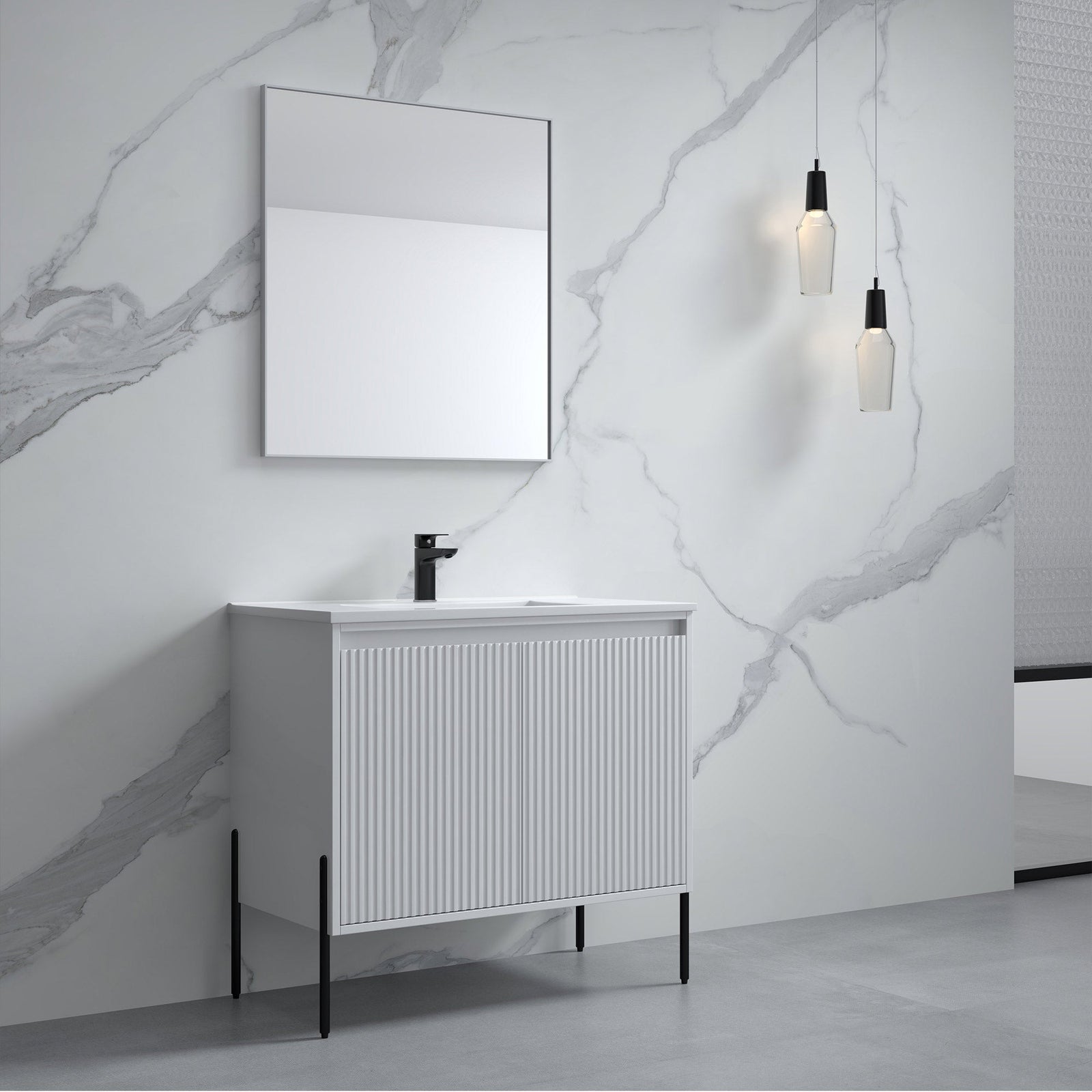 Dowell 36¡°(Fluted Bathroom Vanity Set ¡°(Assembled Cabinet Base with 2 Soft-Close Doors, Shelves & Ceramic/Resin Single Basin, Black/Golden Legs- 002 36 Series