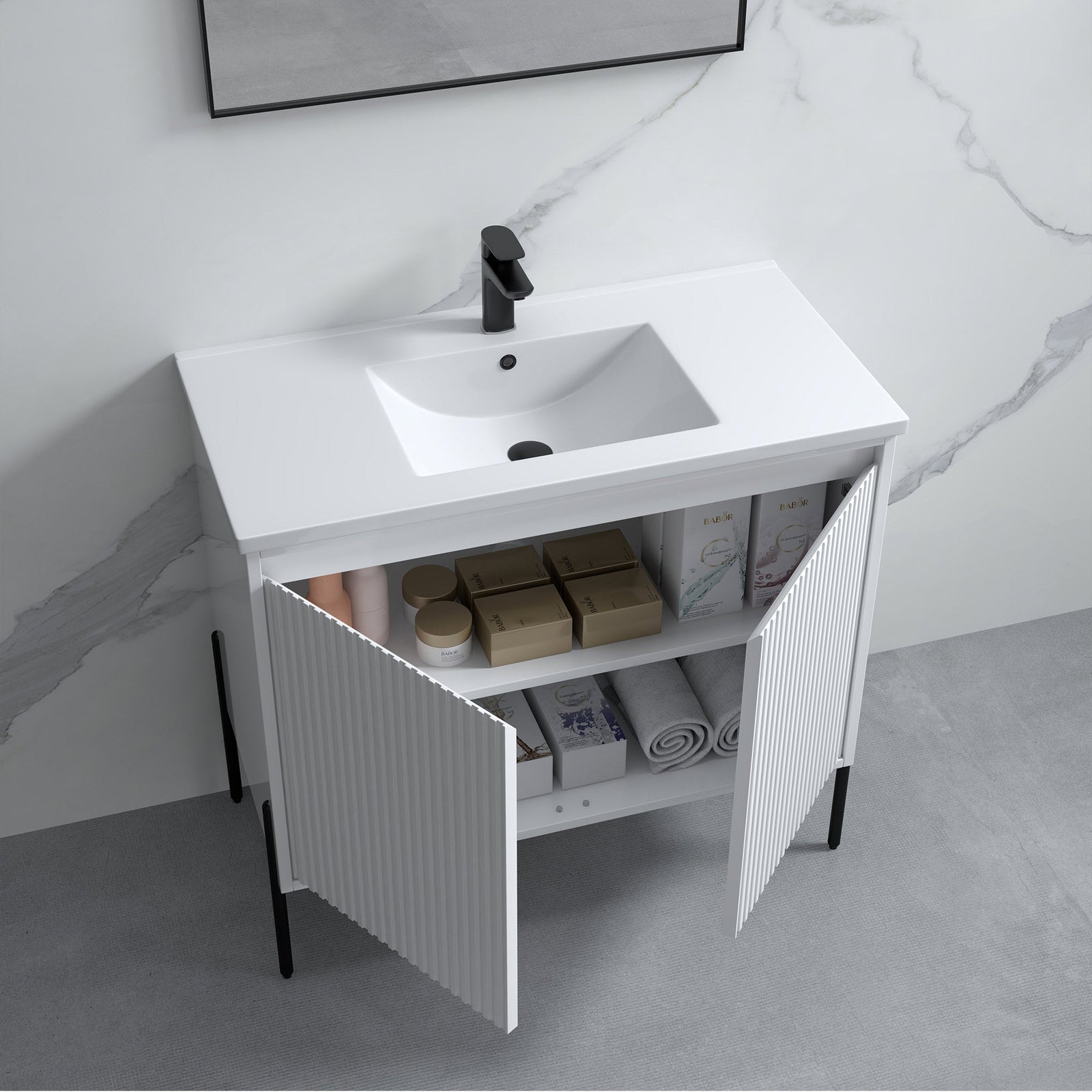 Dowell 36¡°(Fluted Bathroom Vanity Set ¡°(Assembled Cabinet Base with 2 Soft-Close Doors, Shelves & Ceramic/Resin Single Basin, Black/Golden Legs- 002 36 Series