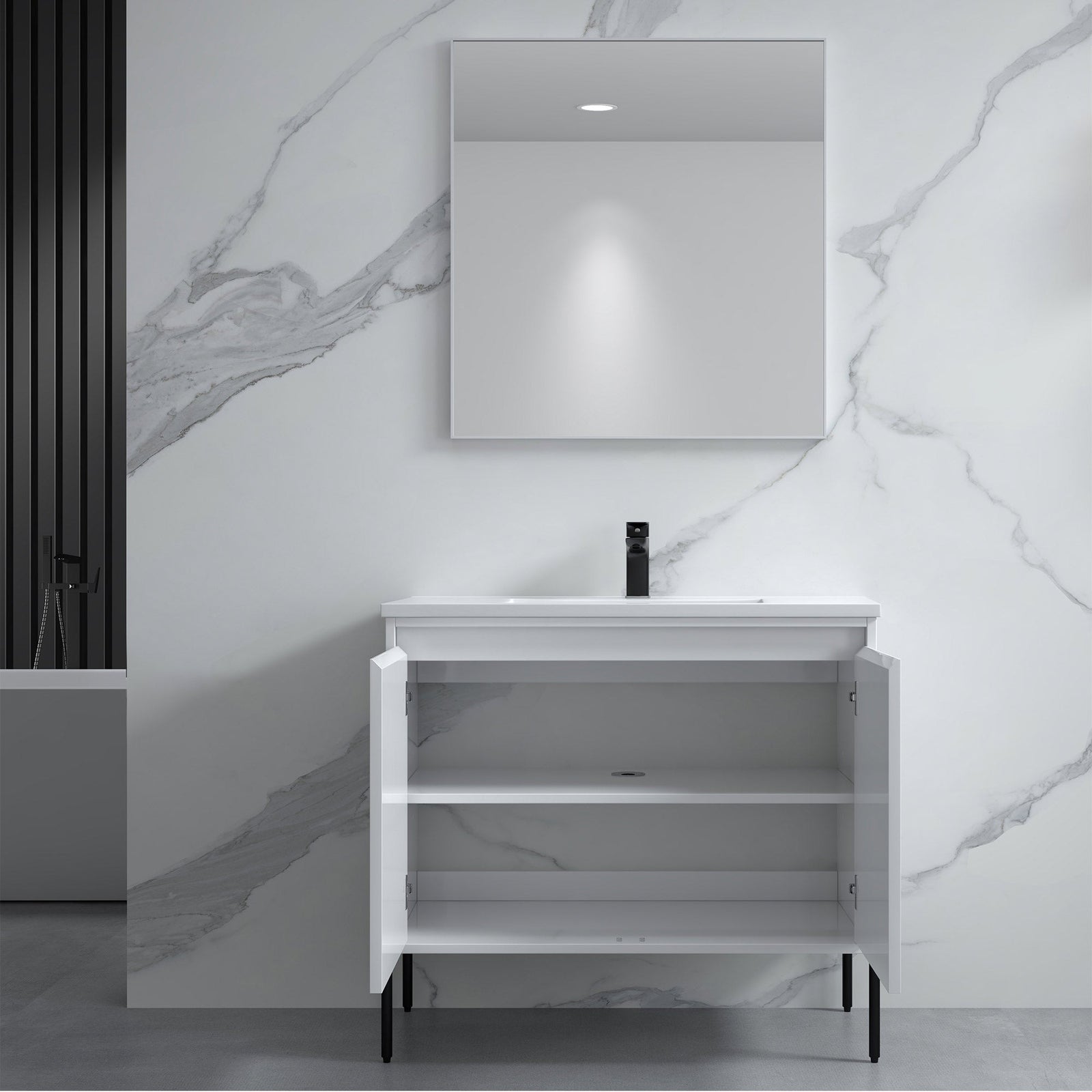 Dowell 36¡°(Fluted Bathroom Vanity Set ¡°(Assembled Cabinet Base with 2 Soft-Close Doors, Shelves & Ceramic/Resin Single Basin, Black/Golden Legs- 002 36 Series