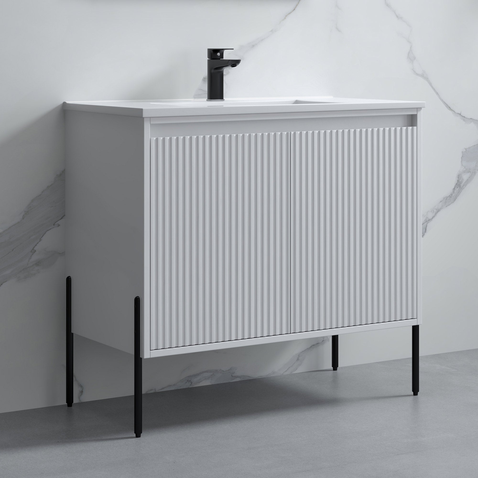 Dowell 36¡°(Fluted Bathroom Vanity Set ¡°(Assembled Cabinet Base with 2 Soft-Close Doors, Shelves & Ceramic/Resin Single Basin, Black/Golden Legs- 002 36 Series