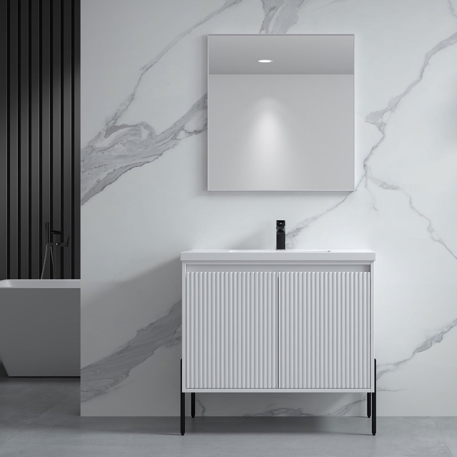 Dowell 36¡°(Fluted Bathroom Vanity Set ¡°(Assembled Cabinet Base with 2 Soft-Close Doors, Shelves & Ceramic/Resin Single Basin, Black/Golden Legs- 002 36 Series