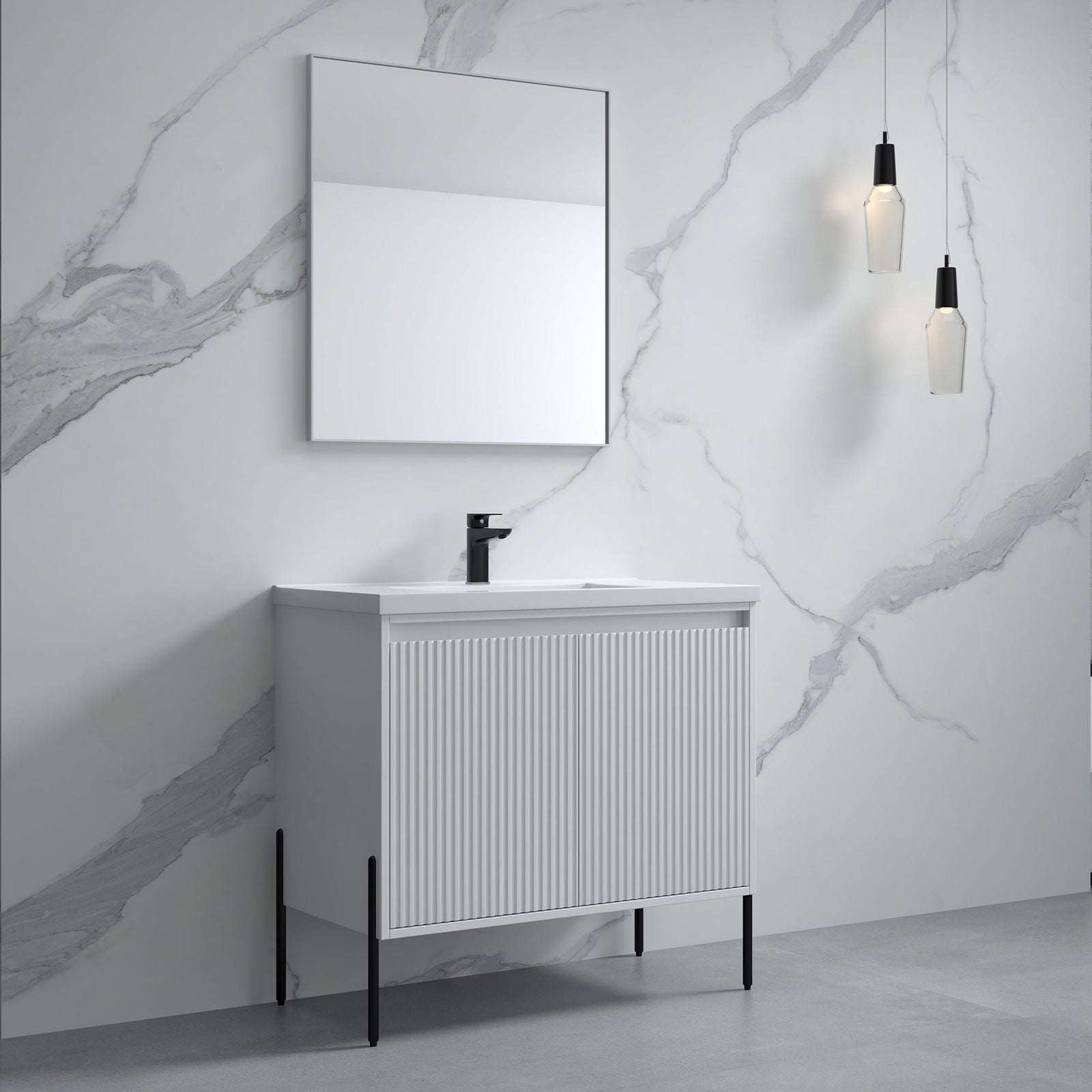 Dowell 36¡°(Fluted Bathroom Vanity Set ¡°(Assembled Cabinet Base with 2 Soft-Close Doors, Shelves & Ceramic/Resin Single Basin, Black/Golden Legs- 002 36 Series
