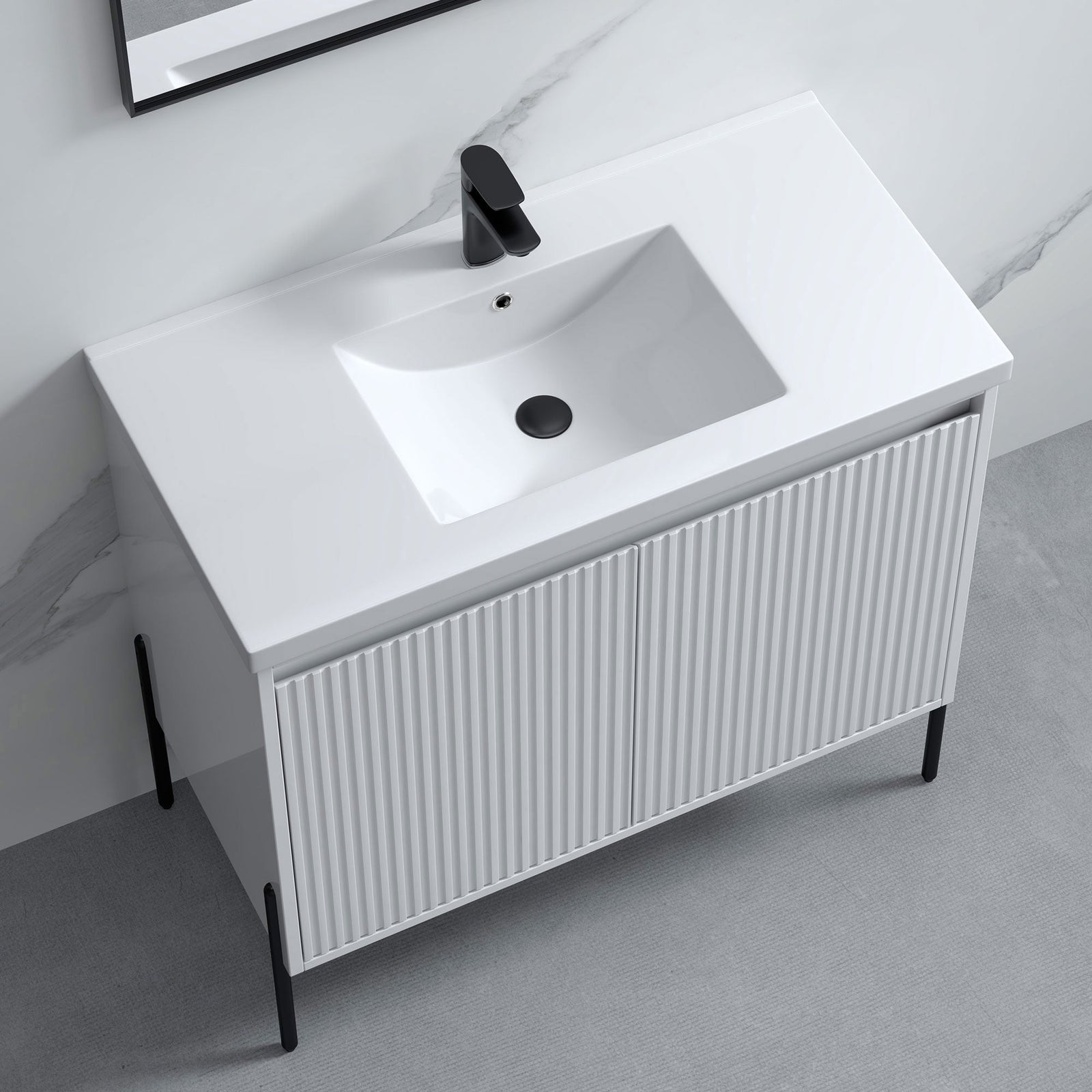 Dowell 36¡°(Fluted Bathroom Vanity Set ¡°(Assembled Cabinet Base with 2 Soft-Close Doors, Shelves & Ceramic/Resin Single Basin, Black/Golden Legs- 002 36 Series