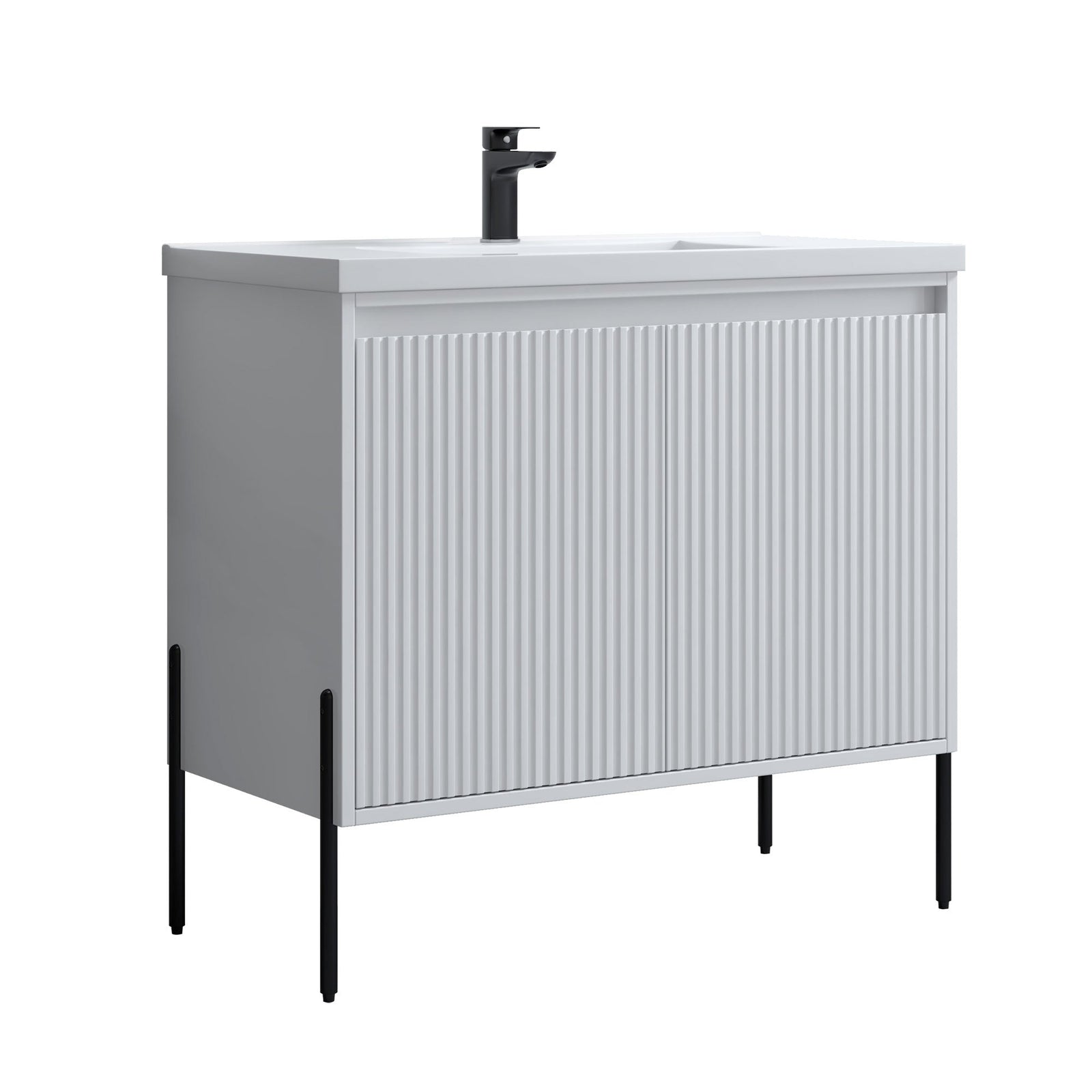 Dowell 36¡°(Fluted Bathroom Vanity Set ¡°(Assembled Cabinet Base with 2 Soft-Close Doors, Shelves & Ceramic/Resin Single Basin, Black/Golden Legs- 002 36 Series