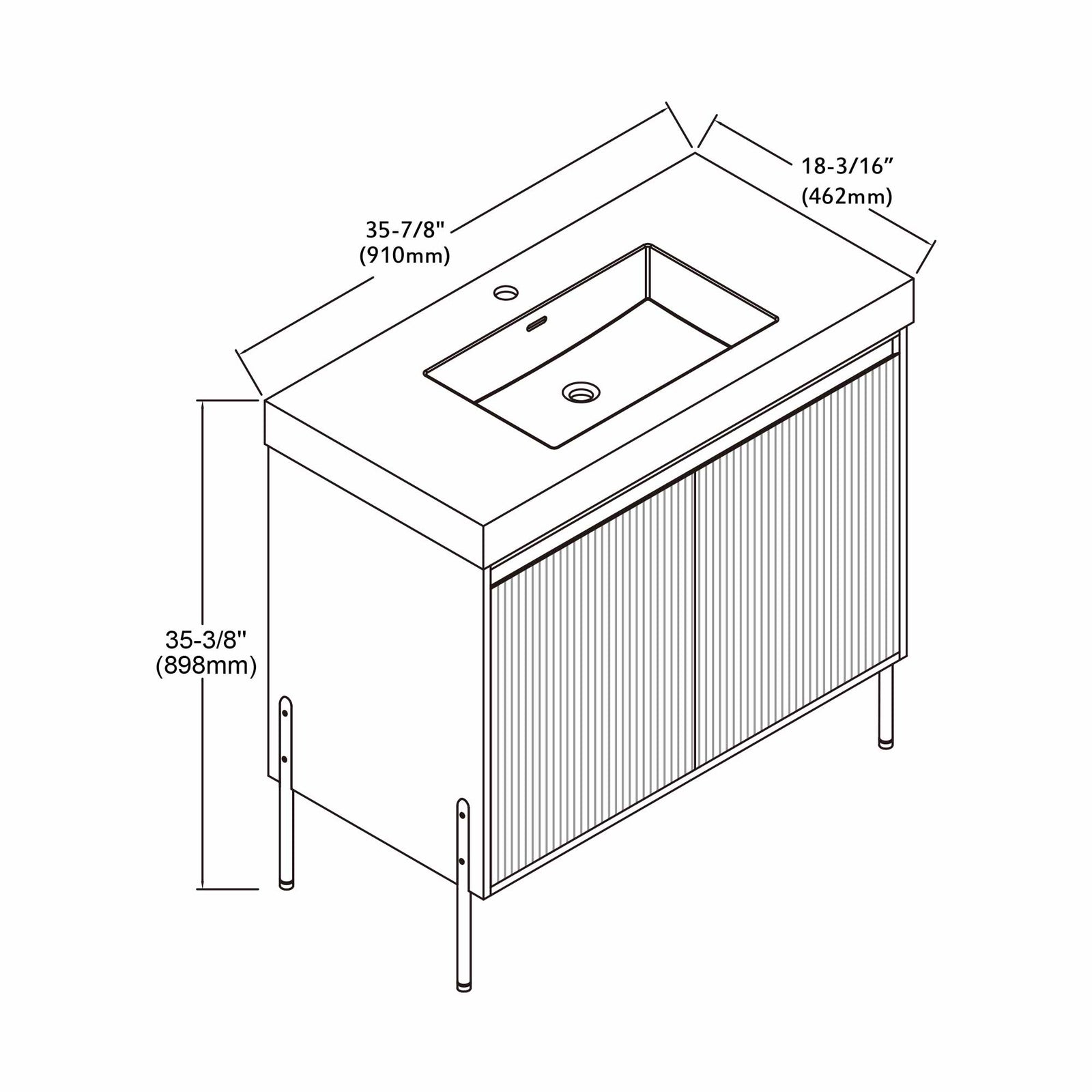 Dowell 36¡°(Fluted Bathroom Vanity Set ¡°(Assembled Cabinet Base with 2 Soft-Close Doors, Shelves & Ceramic/Resin Single Basin, Black/Golden Legs- 002 36 Series