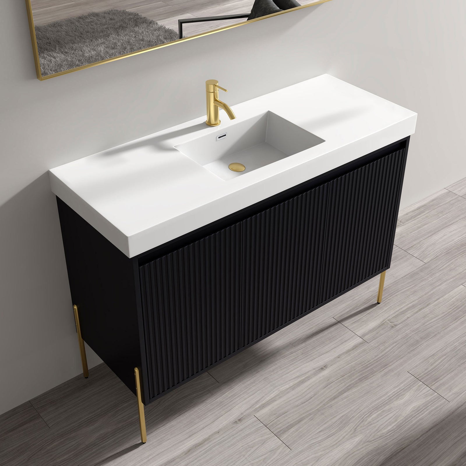 Dowell 48-Fluted Bathroom Vanity Set-(Assembled Cabinet Base with 3 Soft-Close Doors, Shelves & Ceramic/Resin Basin, Black/Golden Legs - 002 48 Series